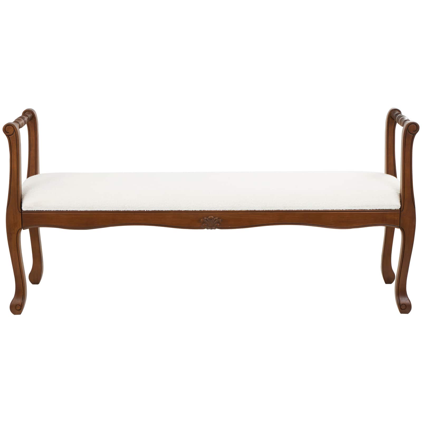 55" Cream Fabric Arm Bench with Brown Traditional Wood Turned Legs