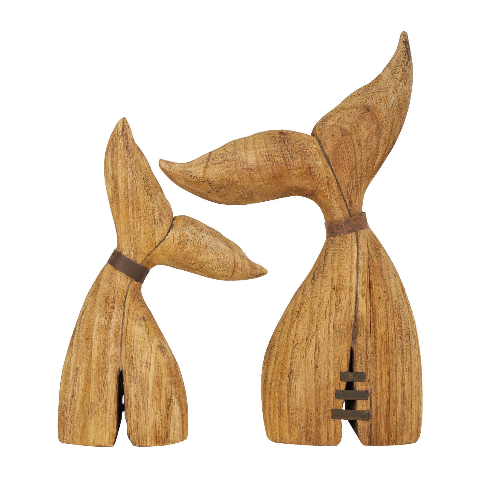 Brown Wood Whale Handmade Tail Sculpture with Metal Band Accents Set