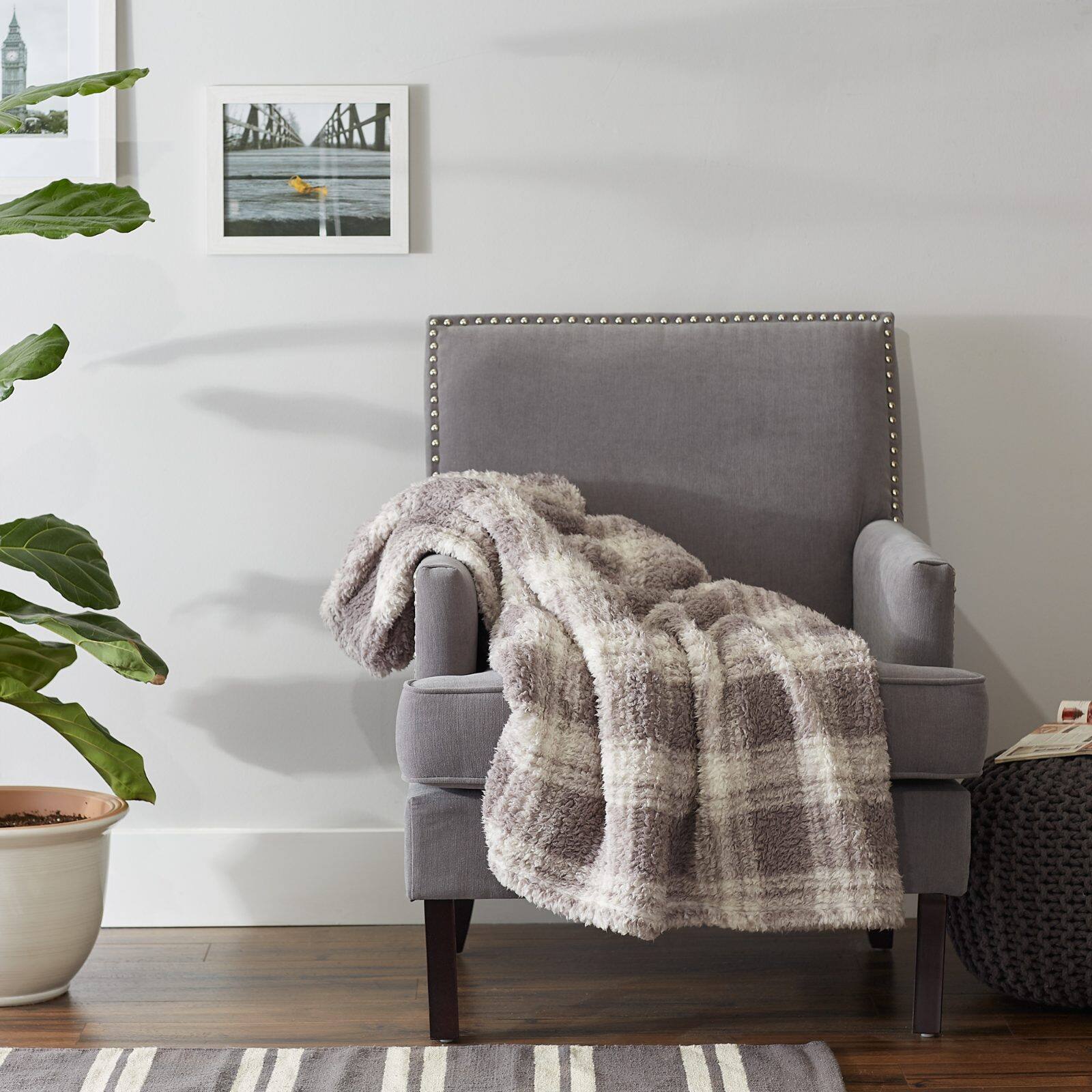 DII&#xAE; Gray Farmhouse Plush Plaid Throw