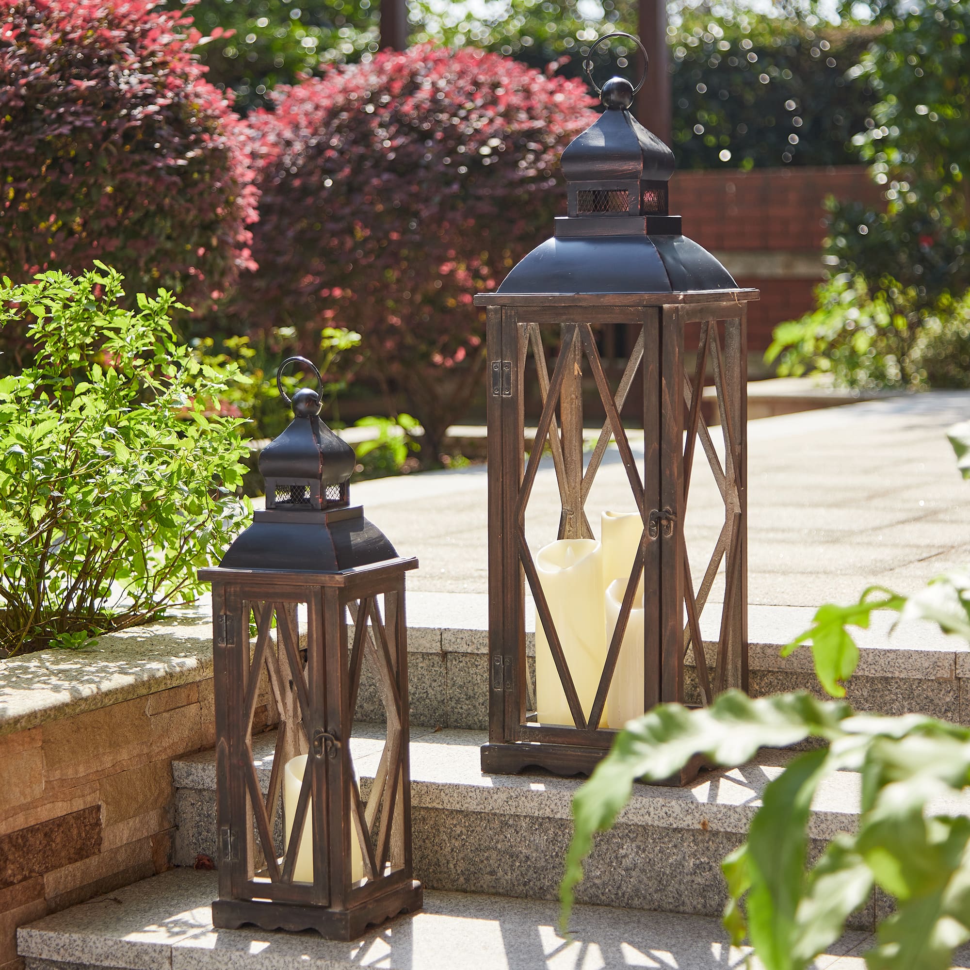 Modern Farmhouse Wooden Lantern Set, 28.5" & 20.5"