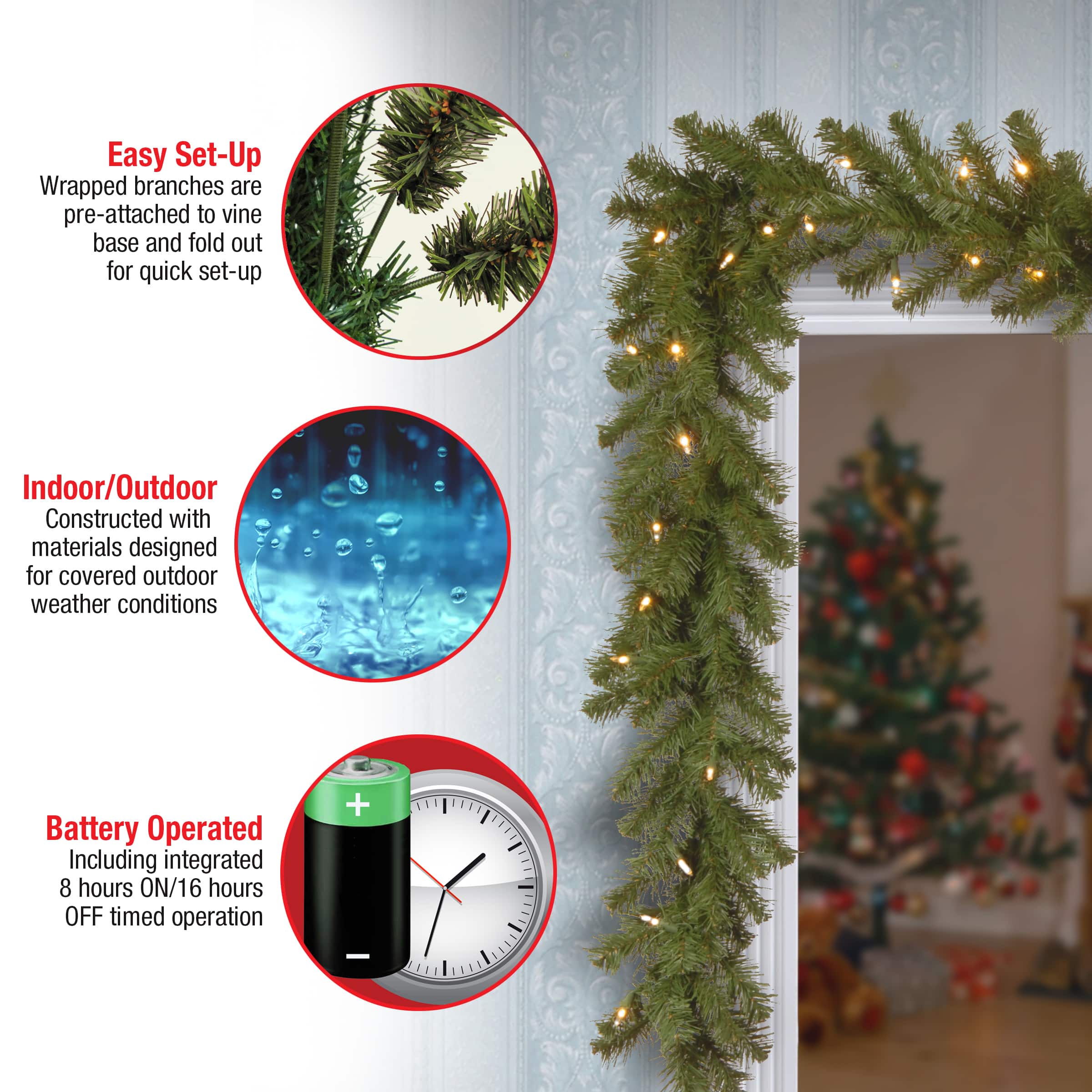 9' x 10" Pre-lit North Valley® Spruce Artificial Christmas Garland with 50 Battery Operated Dual LED Lights