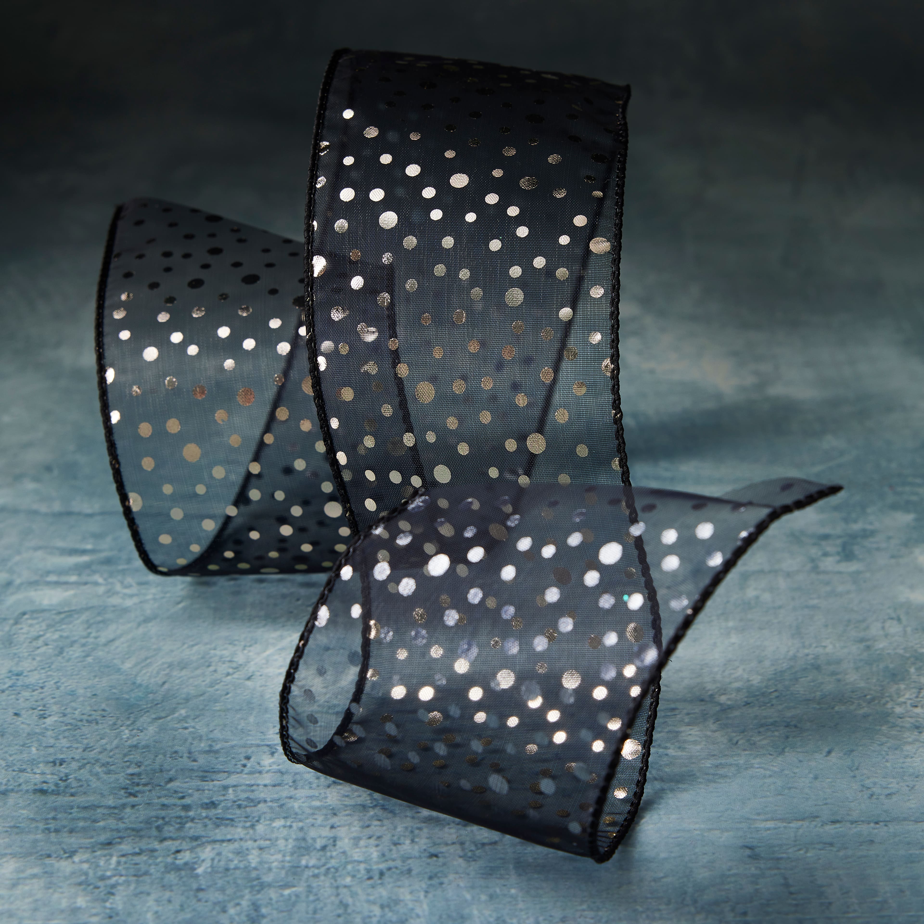 2.5" x 3yd. Black Sheer Wired Dotted Ribbon by Celebrate It™ Classic