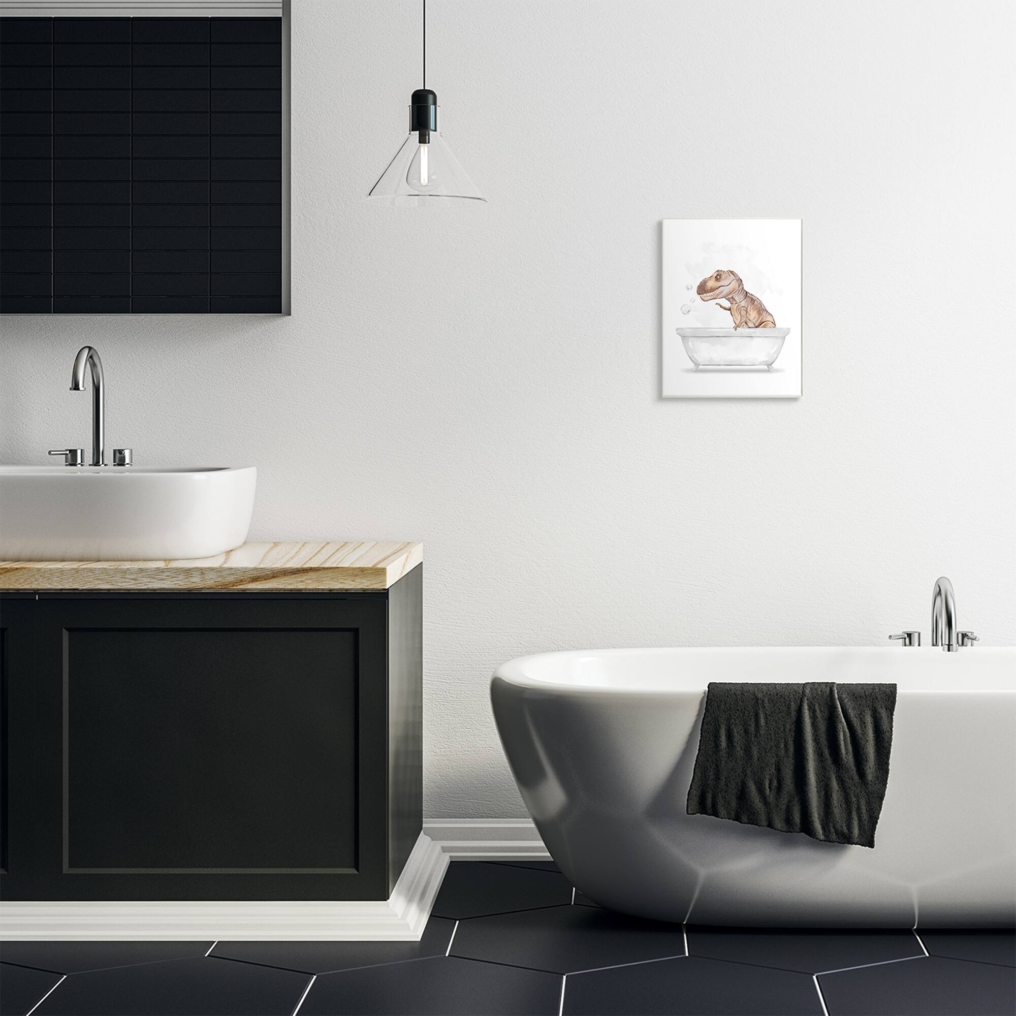 Stupell Industries T-Rex Dinosaur in Bubble Bath White Brown Wood Wall Plaque