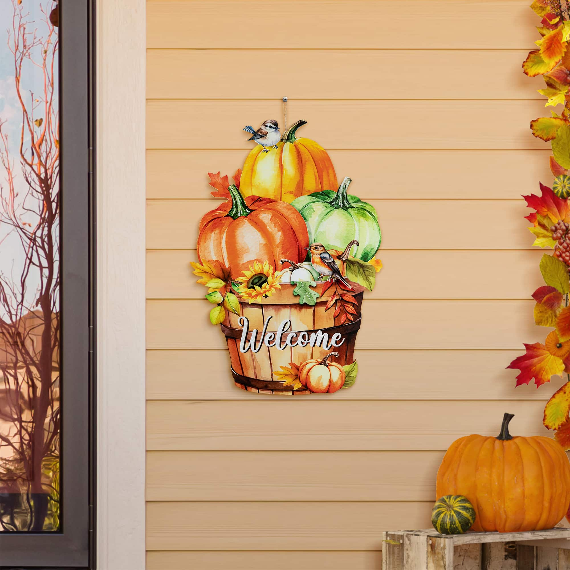 Glitzhome&#xAE; 30.25&#x22; Fall Metal Pumpkins with Barrel Yard Stake