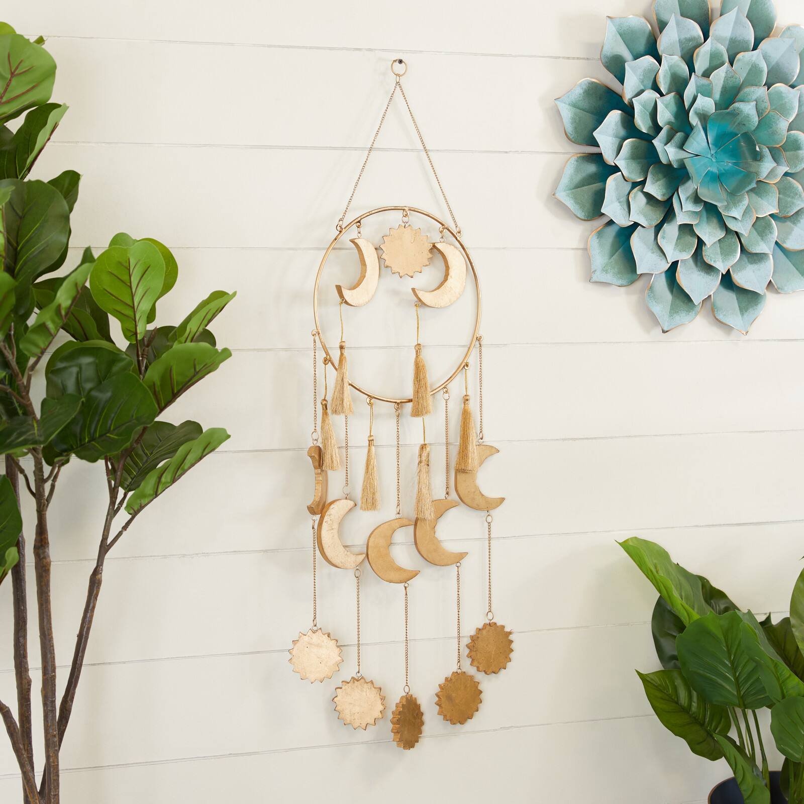 Gold Colored Wooden Transitional Moon &#x26; Sun Windchime