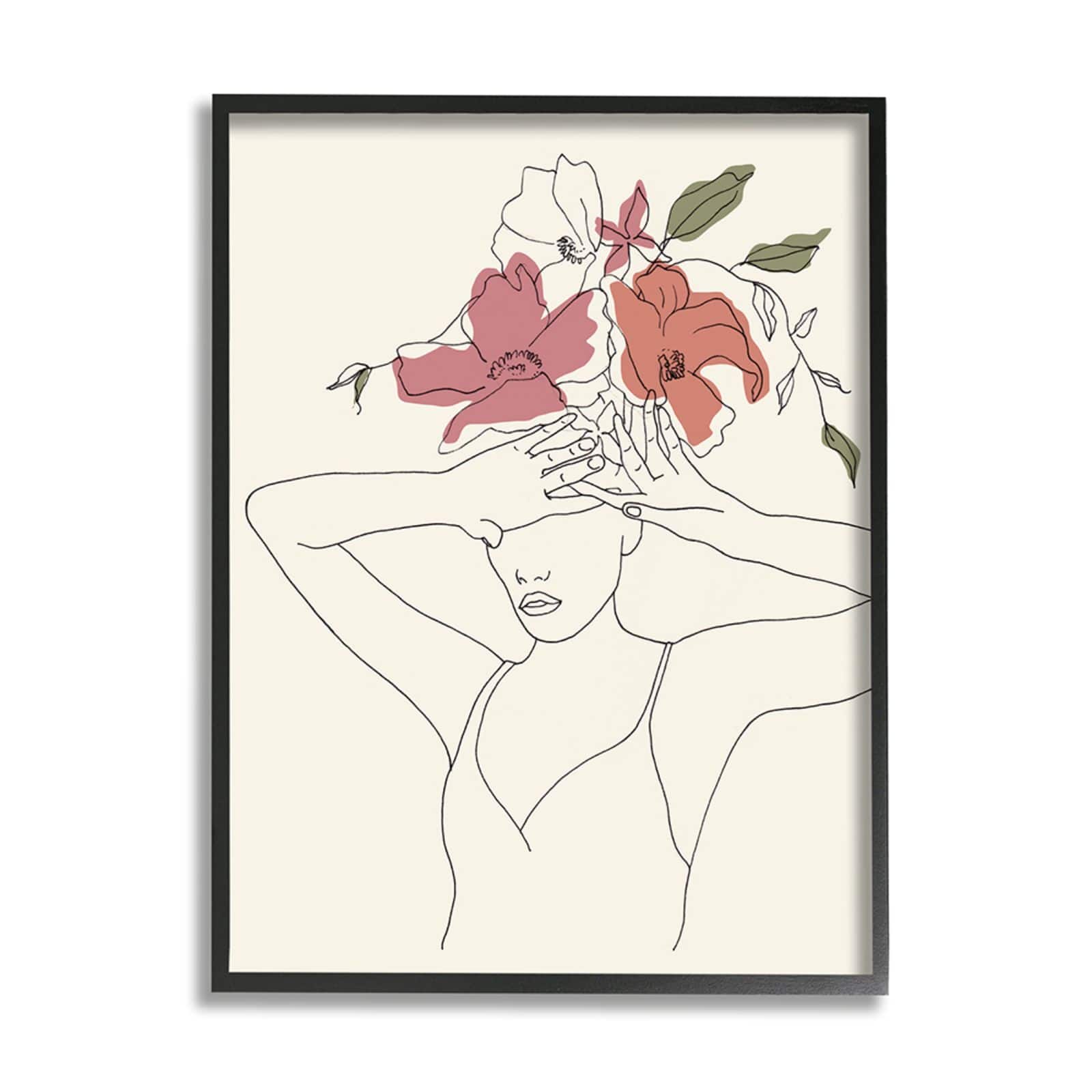 Stupell Industries Female Linework Pose Tropical Flower Sketch Black Framed Wall Art