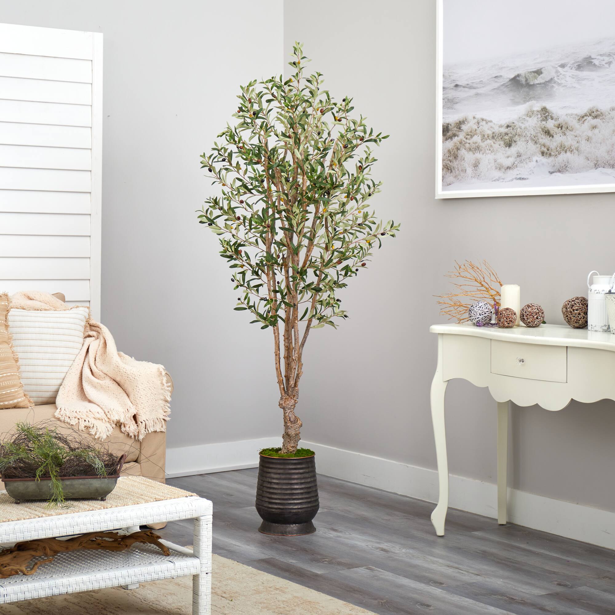 6.5ft. Olive Artificial Tree in Ribbed Metal Planter
