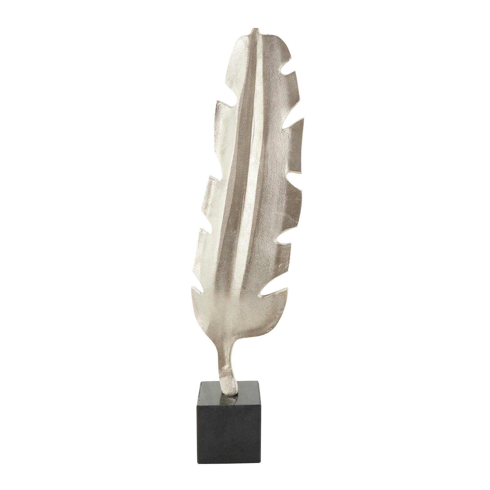 28" Silver Aluminum Bird Feather Sculpture with Black Marble Base