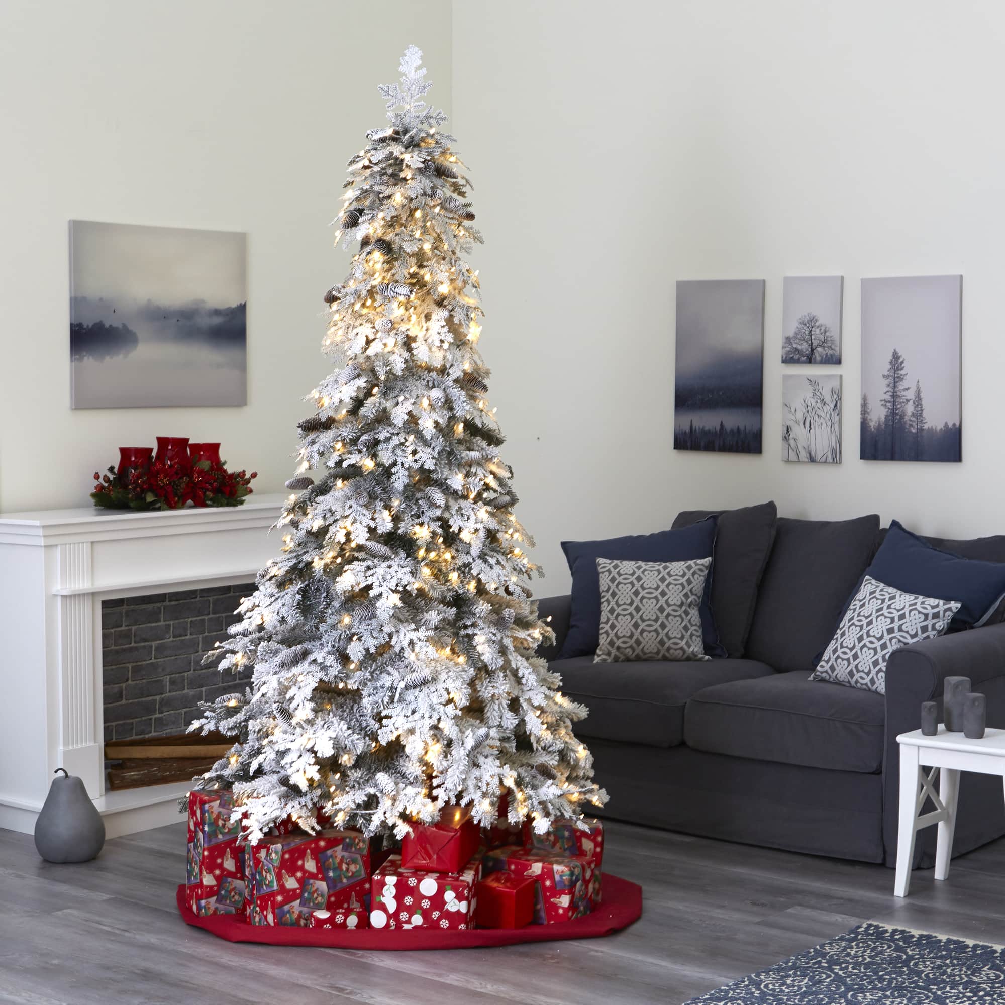 8ft. Pre-Lit Flocked Montana Down Swept Spruce & Pinecones Artificial Christmas Tree with Clear LED Lights