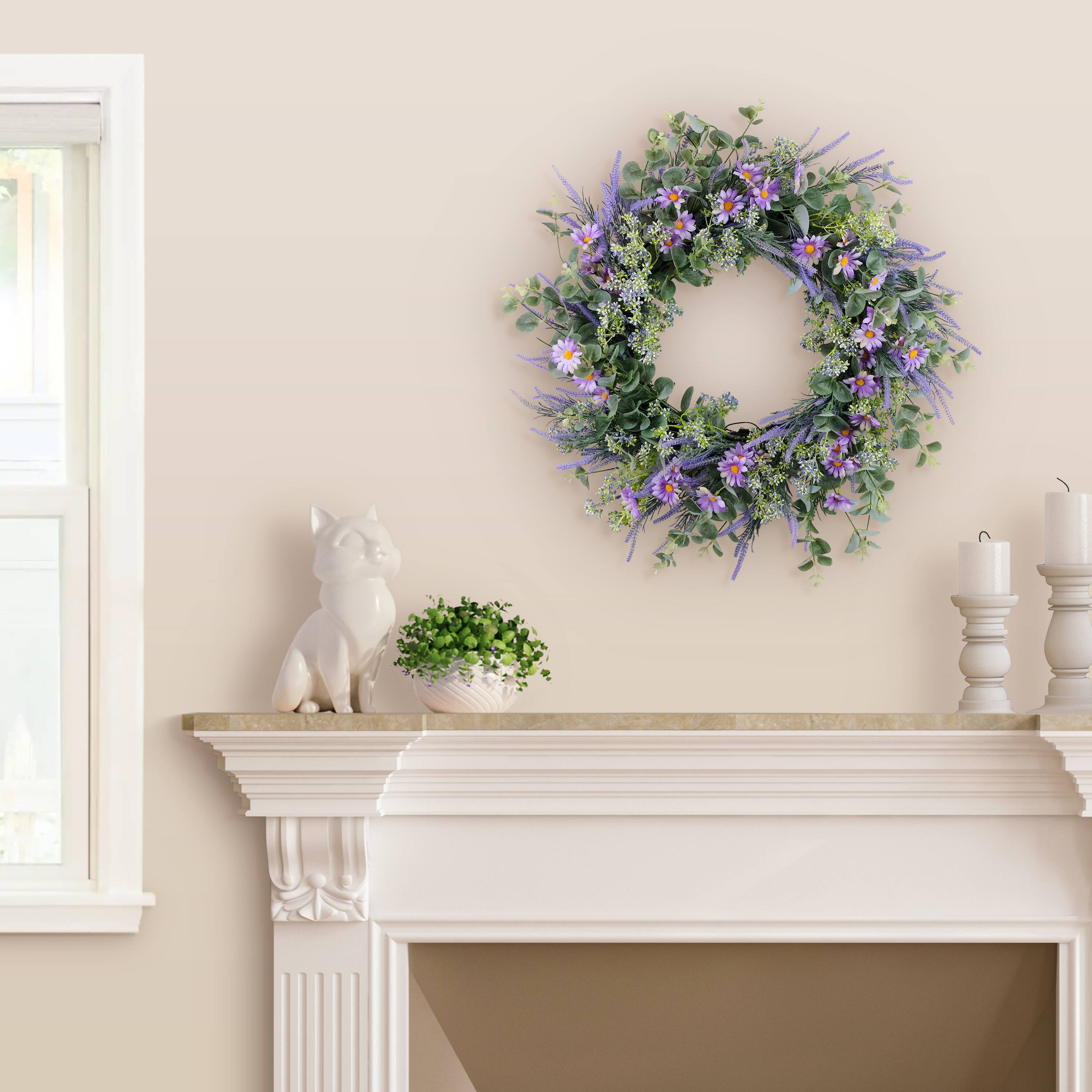 24&#x22; Purple Spring Daisy, Lavender &#x26; Eucalyptus Floral Wreath