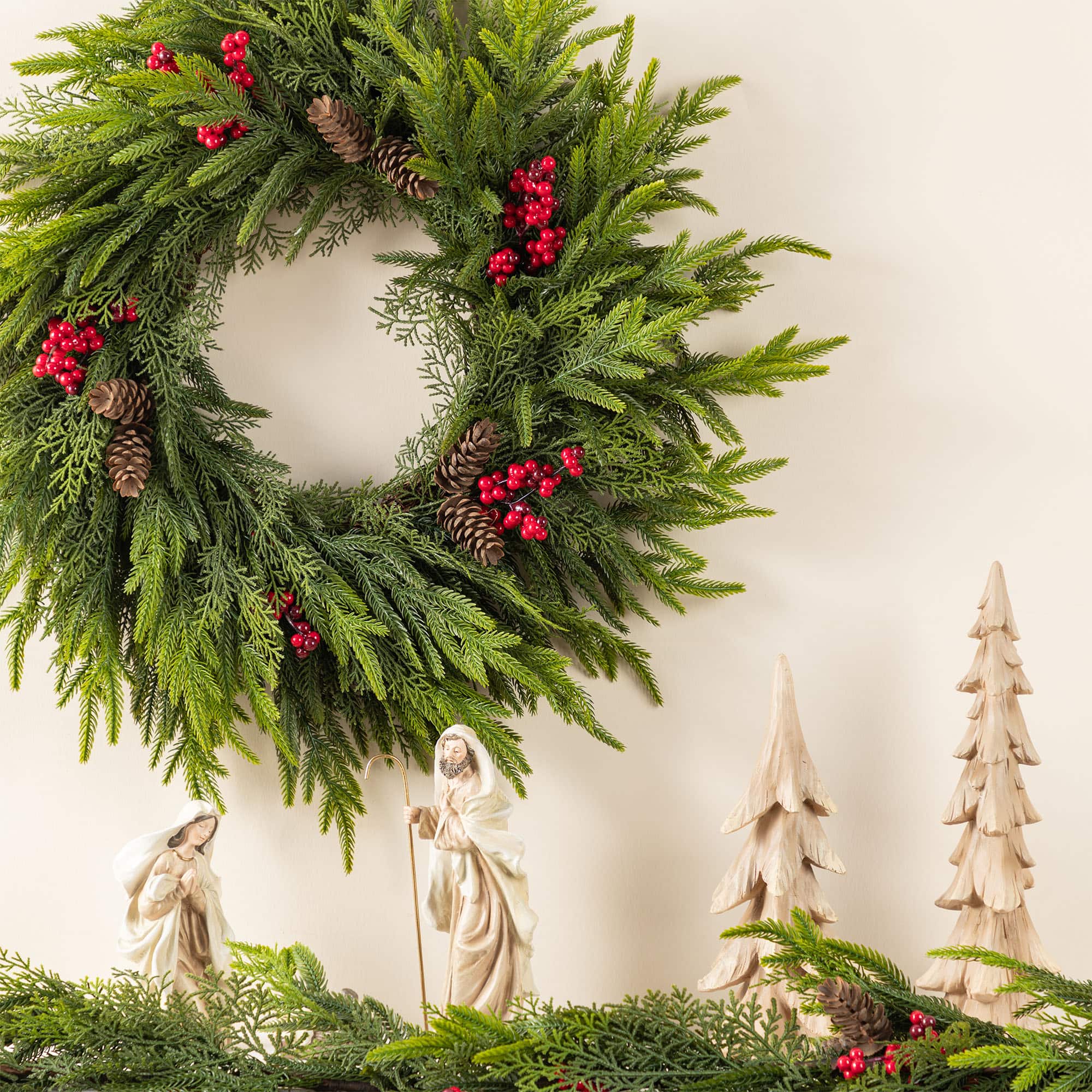Glitzhome&#xAE; 24&#x22;D Christmas PE Wreath with Pinecones and Red Berries