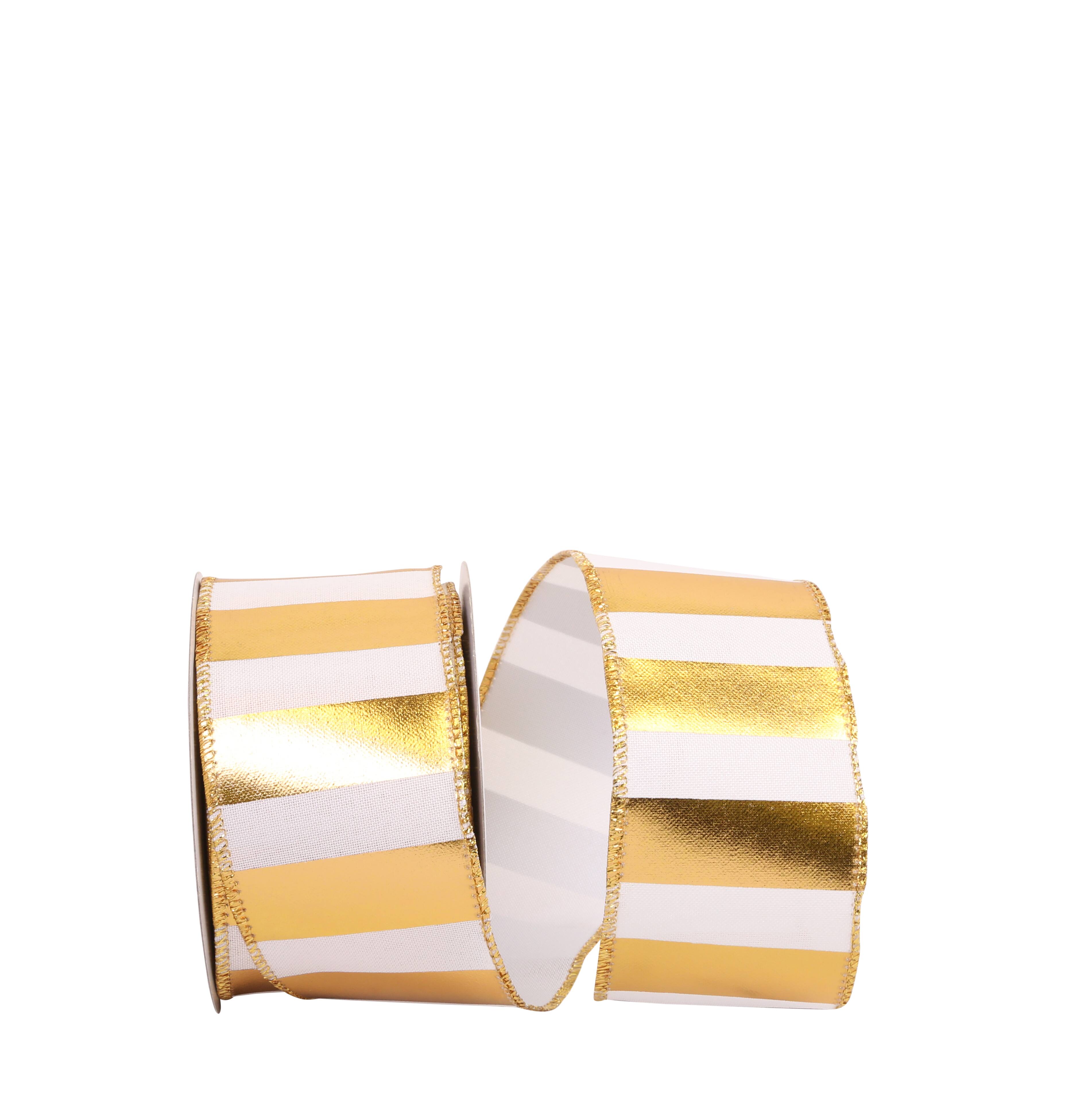 JAM Paper 2.5" x 10yd. White & Gold Wired Bar Metallic Linen Ribbon