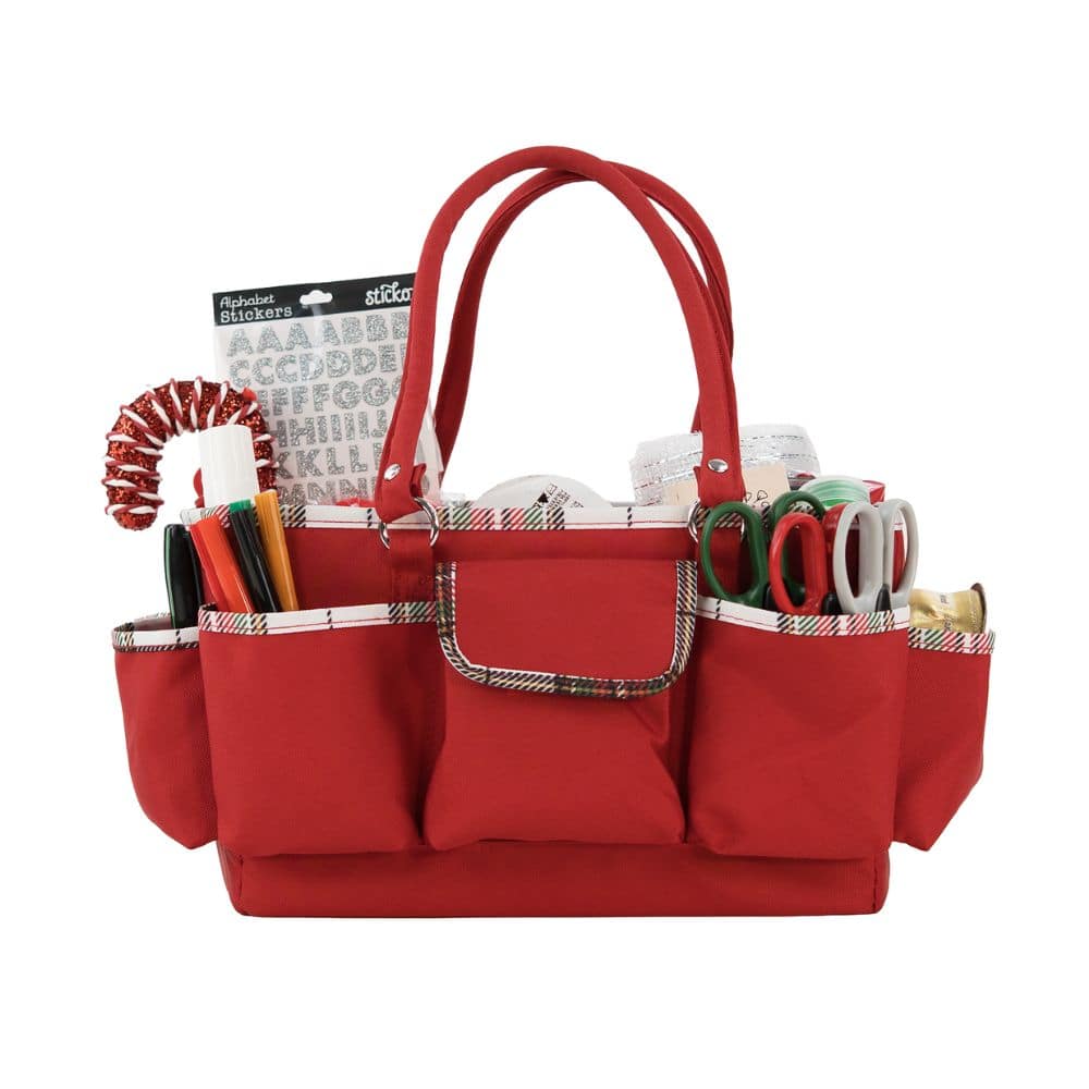 Everything Mary Red &#x26; Plaid Print Gift Wrap Accessory Tote