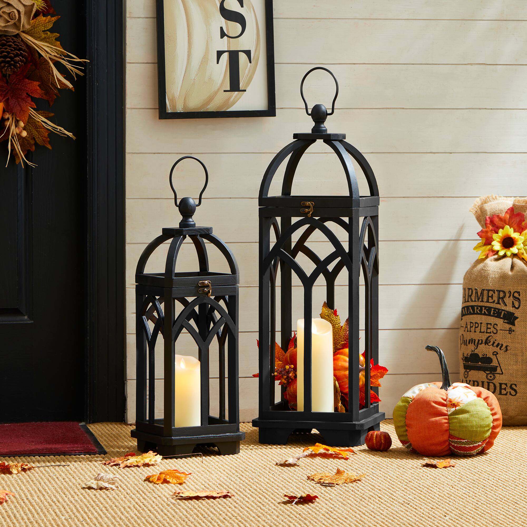 Glitzhome® Black Farmhouse Church Window Wood & Metal Lanterns Set