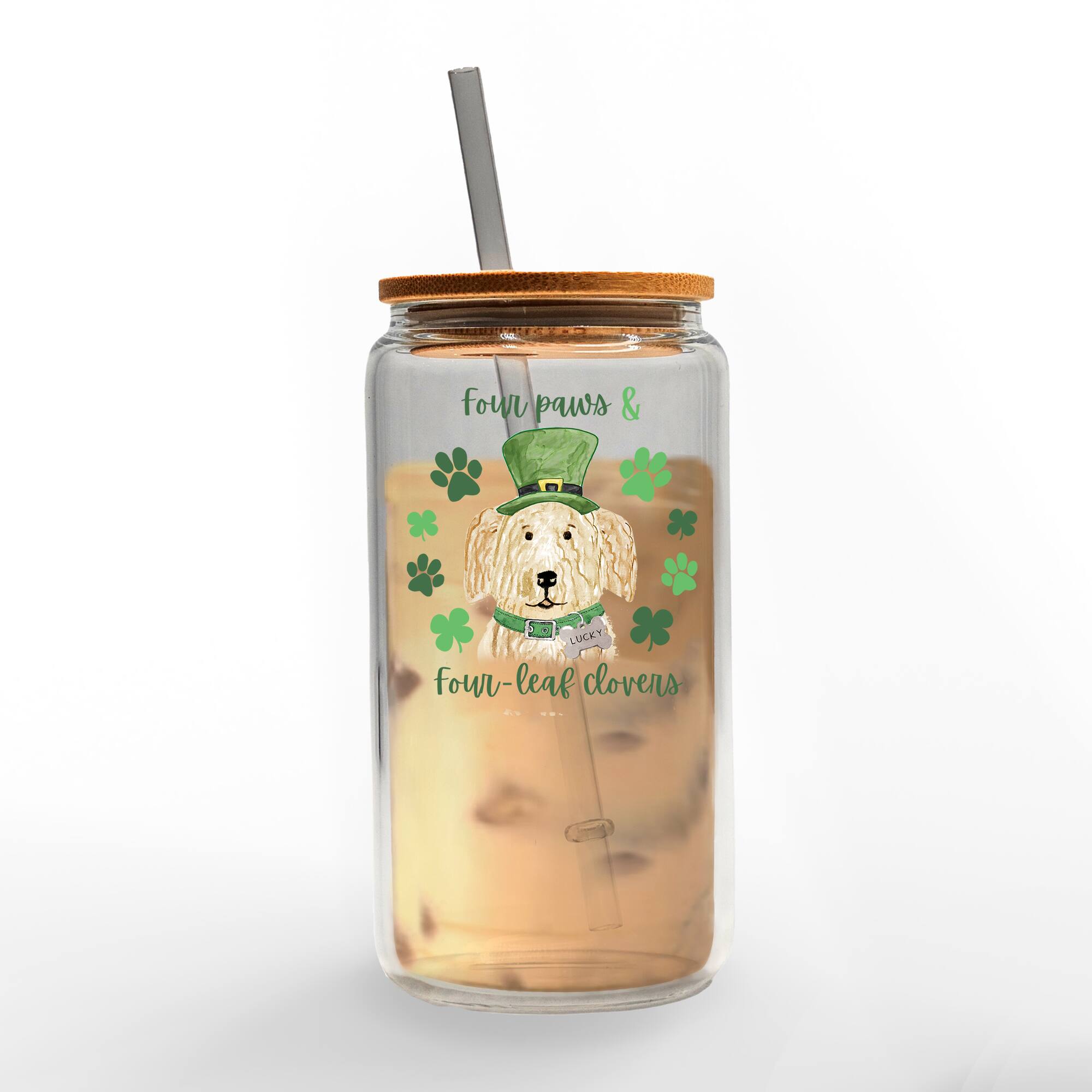 16oz. Four Paws Four Leaf Clover Glass Can Cup