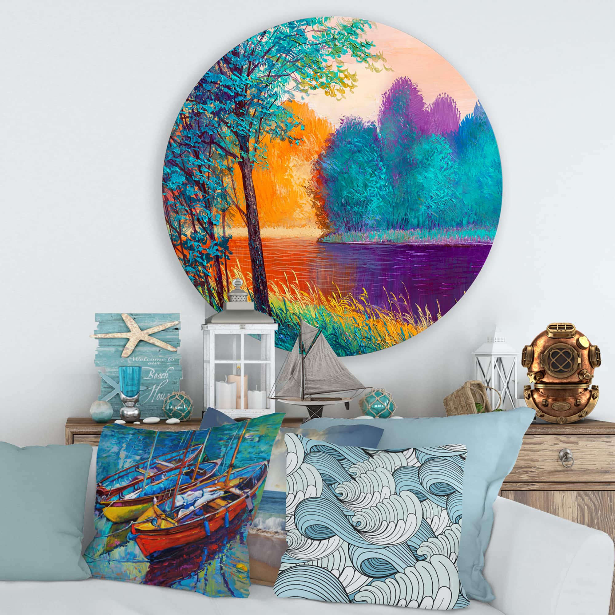 Designart - Colorful River Between The Trees During Twilight - Traditional Metal Circle Wall Art