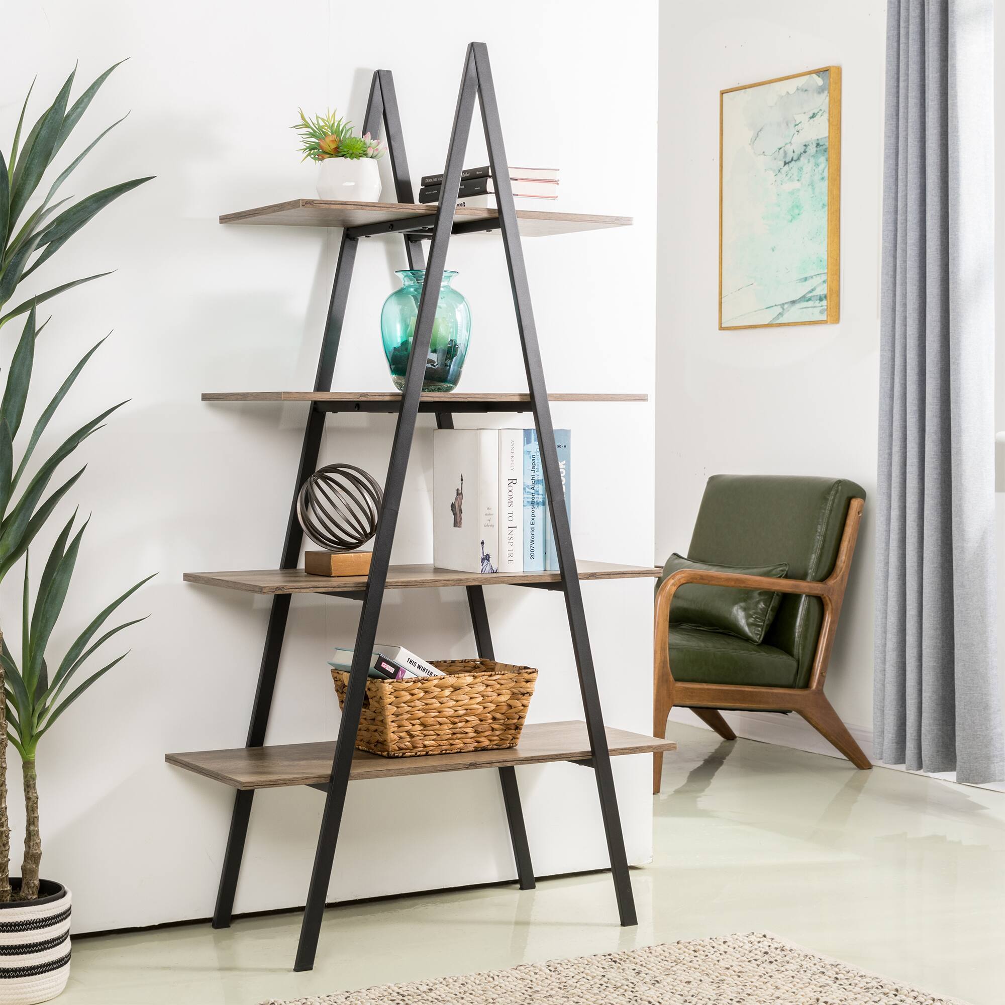 Glitzhome&#xAE; 5.5ft. Modern Industrial 4-Tier A-Frame Open Ladder Bookshelf