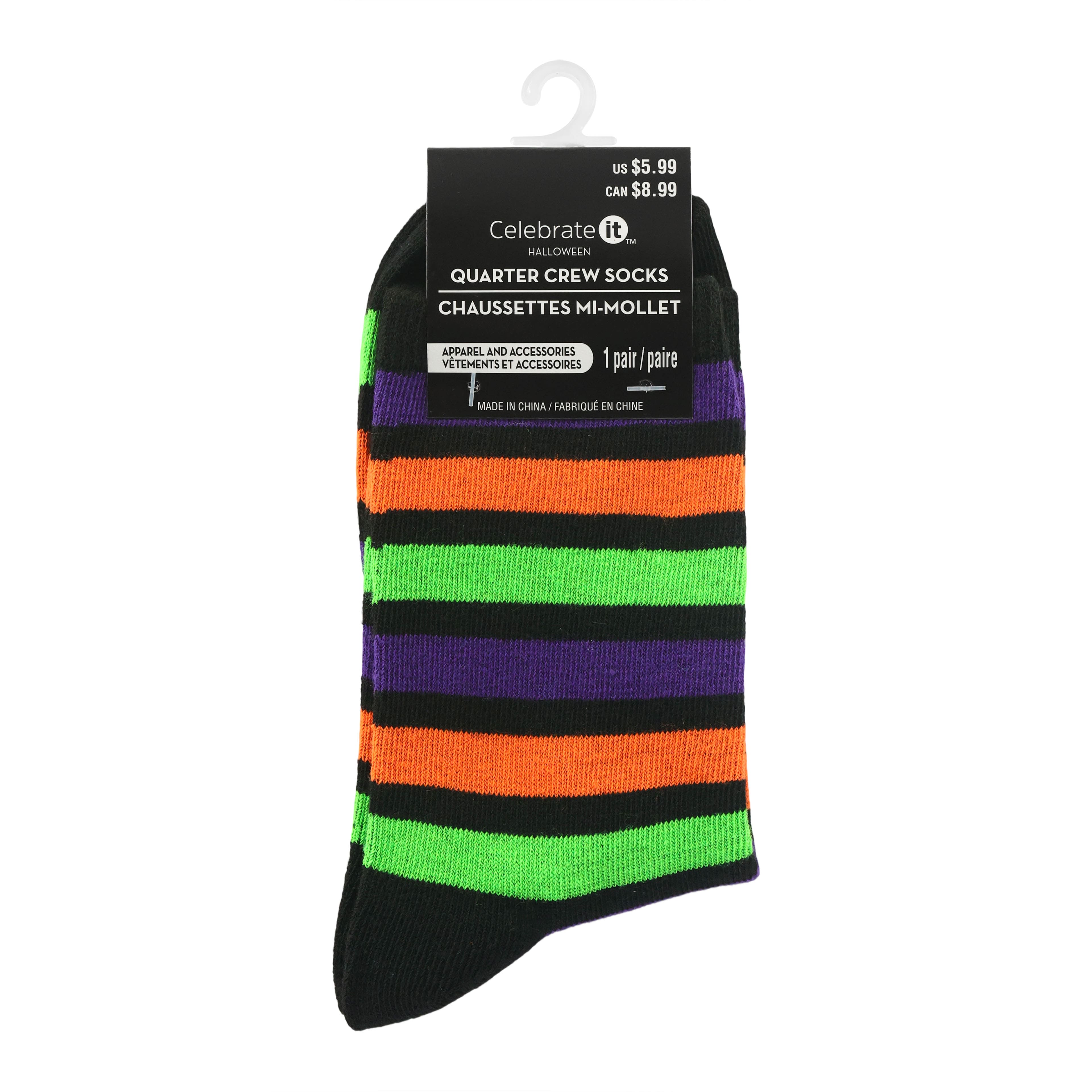 Neon Green, Orange &#x26; Black Stripes Adult Quarter Crew Socks by Celebrate It&#x2122;