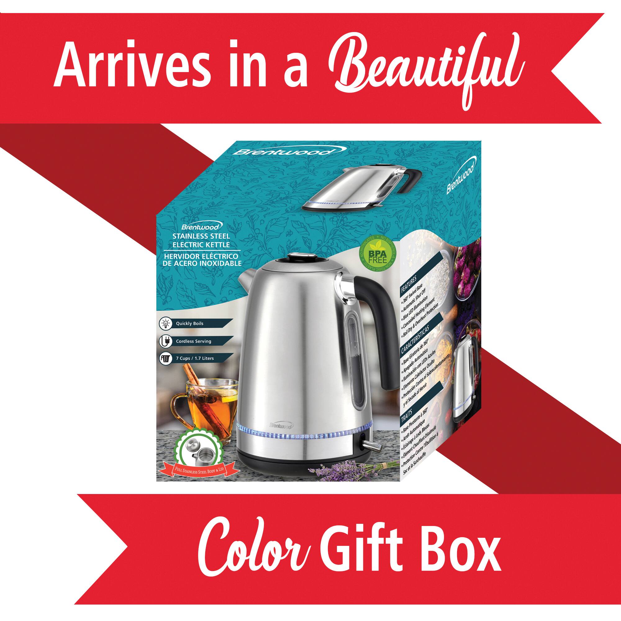 Brentwood 1.7L 1,500 Watt Cordless Electric Stainless Steel Kettle