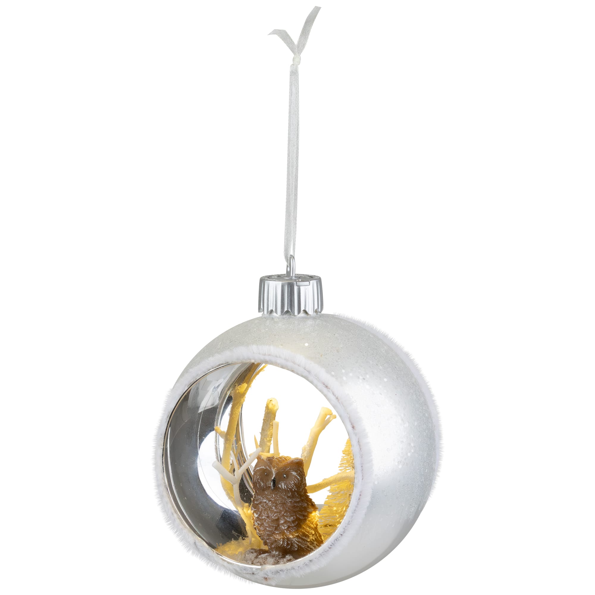Silver And White Matte Cutout Owl Ball Ornament