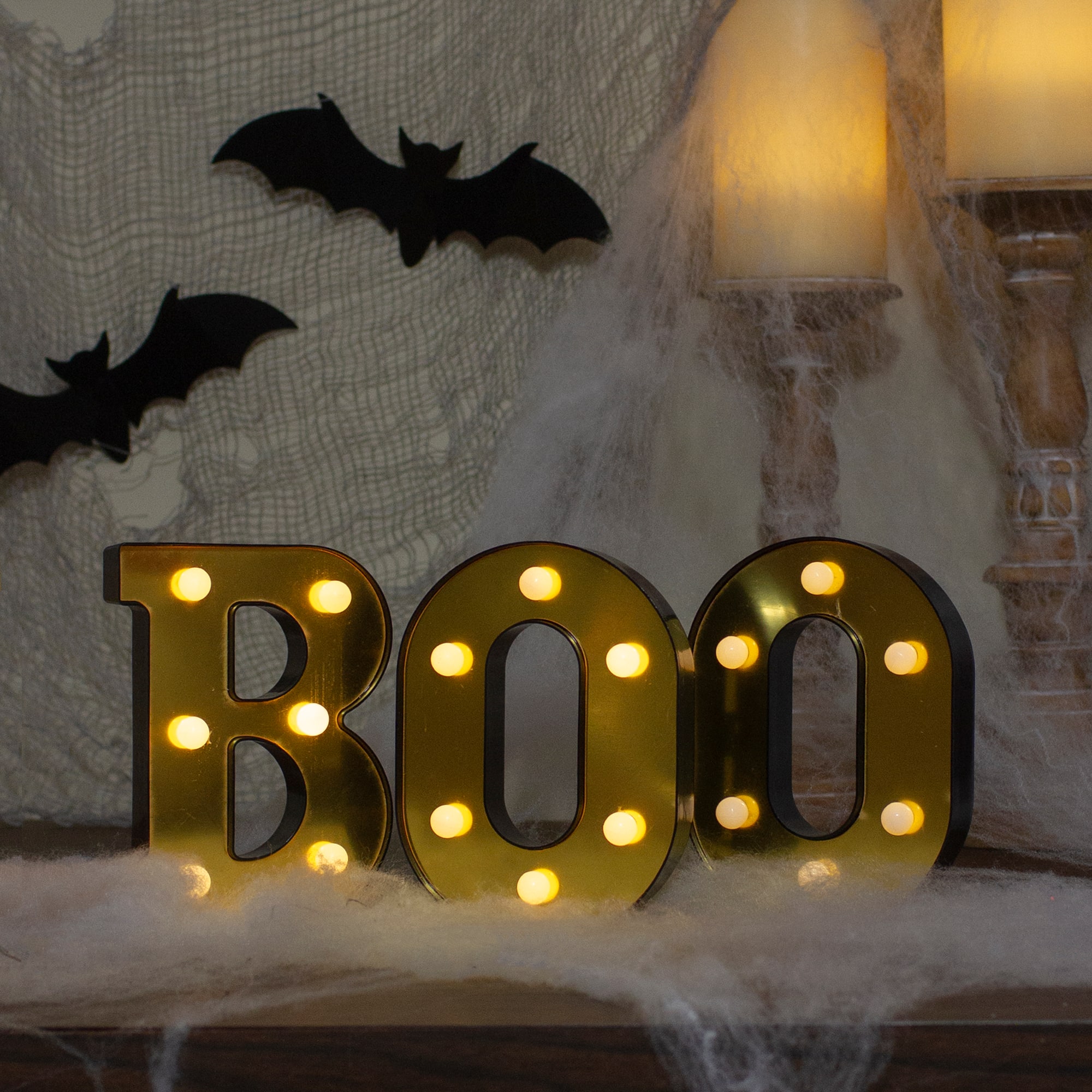 6.5&#x22; Lighted Black &#x26; Gold BOO Halloween Marquee Sign