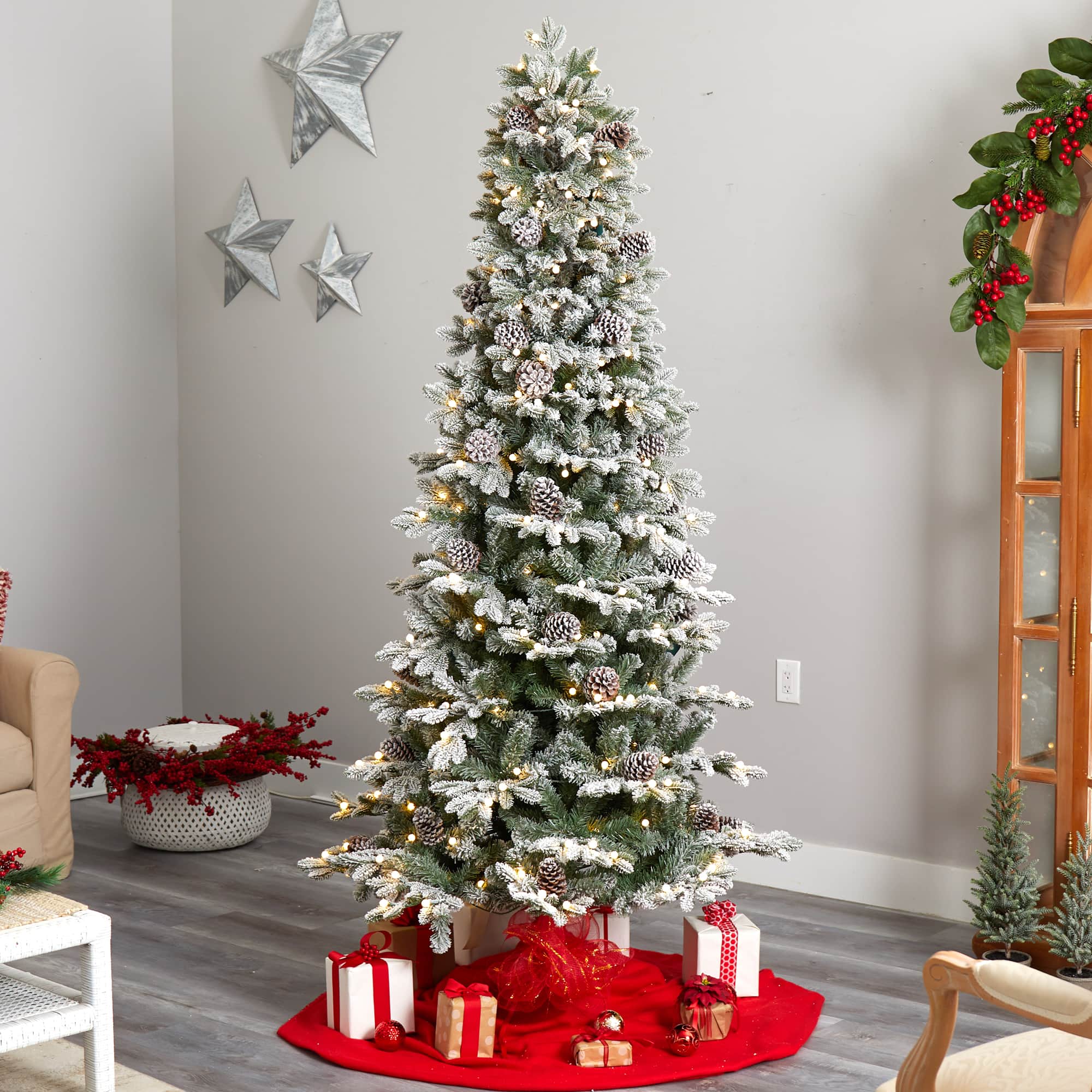 7.5ft. Pre-Lit Flocked Alaskan Artificial Christmas Tree, White LED Lights