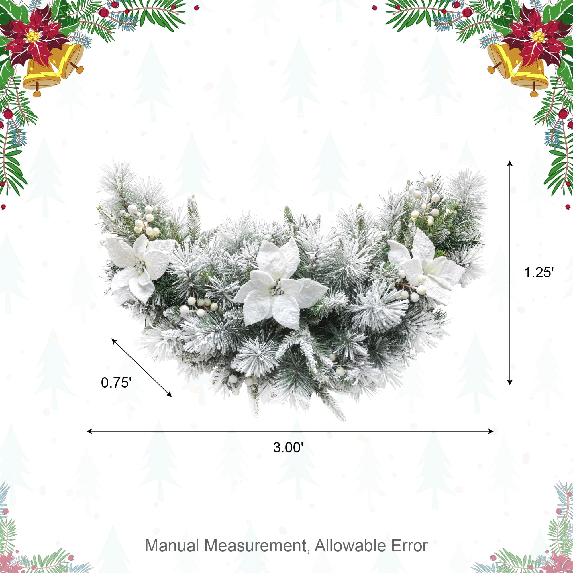 Glitzhome&#xAE; 36&#x22; Pre-Lit Flocked Greenery Pine White Poinsettia &#x26; Berry Christmas Swag with Timer