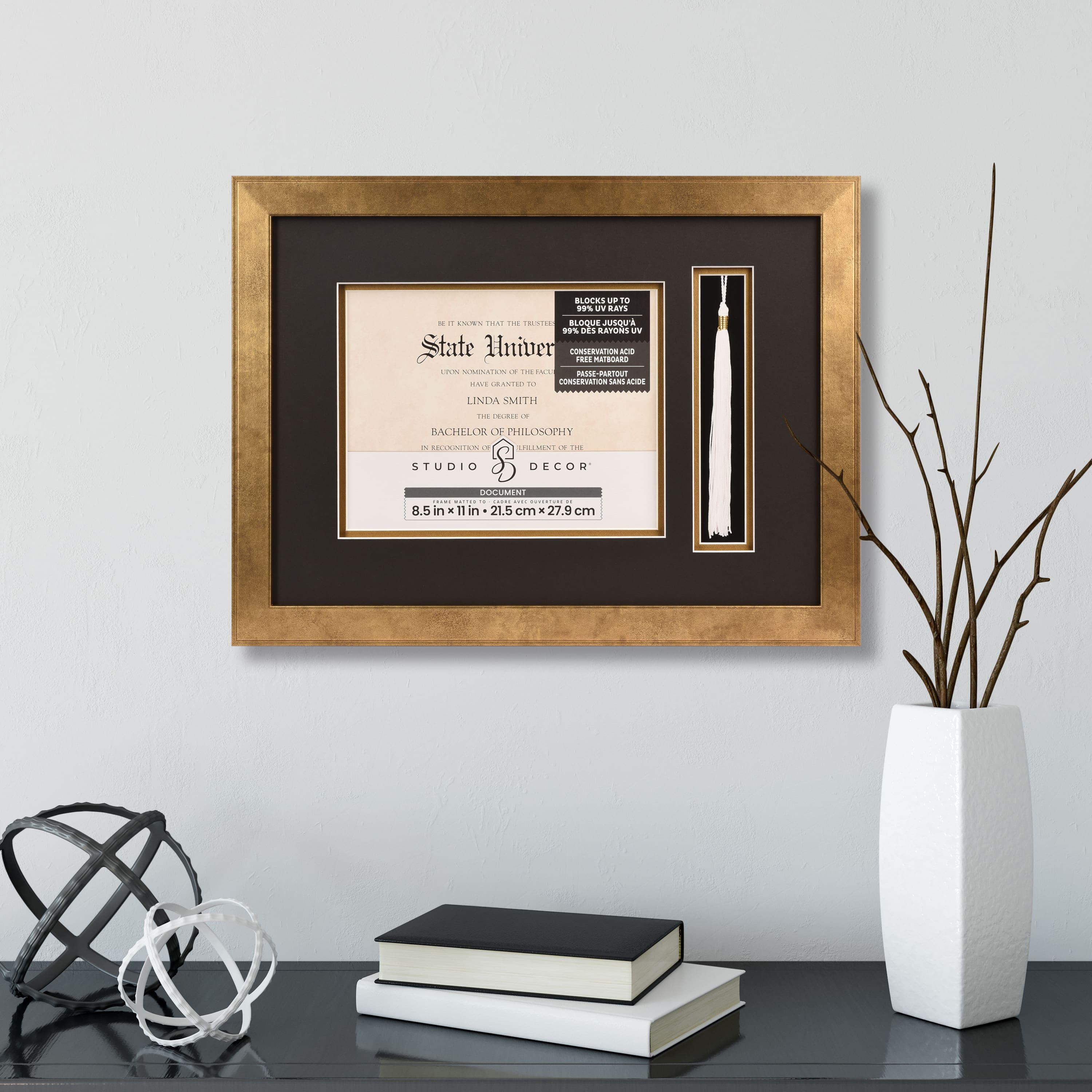 2 Opening Gold 8.5&#x22; x 11&#x22; Document &#x26; Tassel Frame with Double Mat by Studio D&#xE9;cor&#xAE;