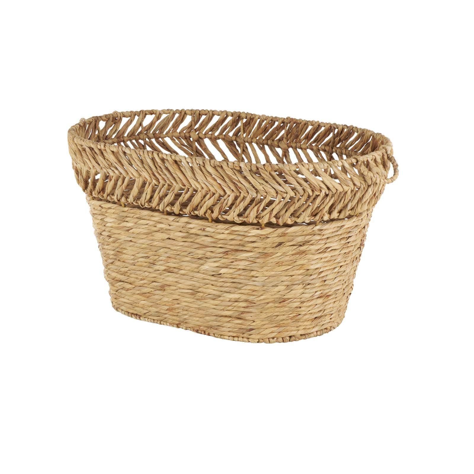 30" Brown Seagrass Handmade Woven Oval Storage Basket with Zig Zag Patterned Rim
