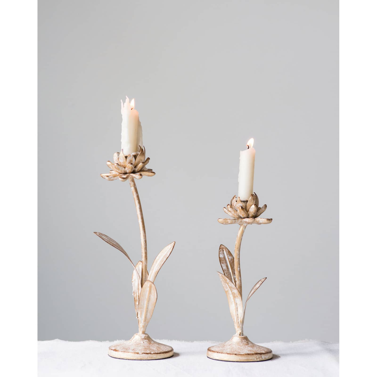 Gold Metal Flower Shaped Taper Candle Holder Set