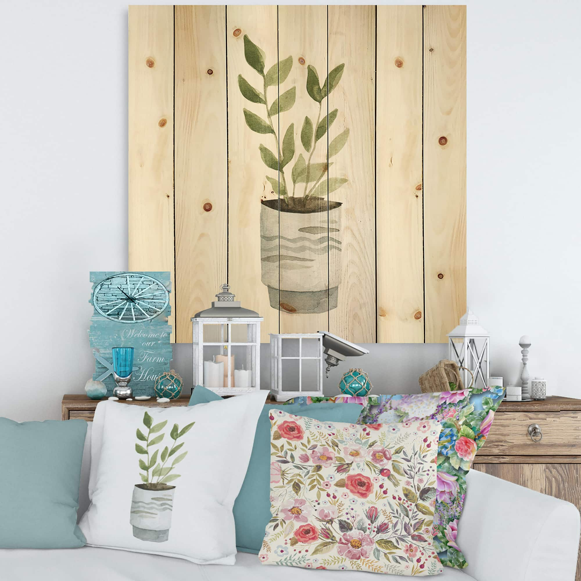 Designart - Indoor Green Home House Plants II - Traditional Print on Natural Pine Wood