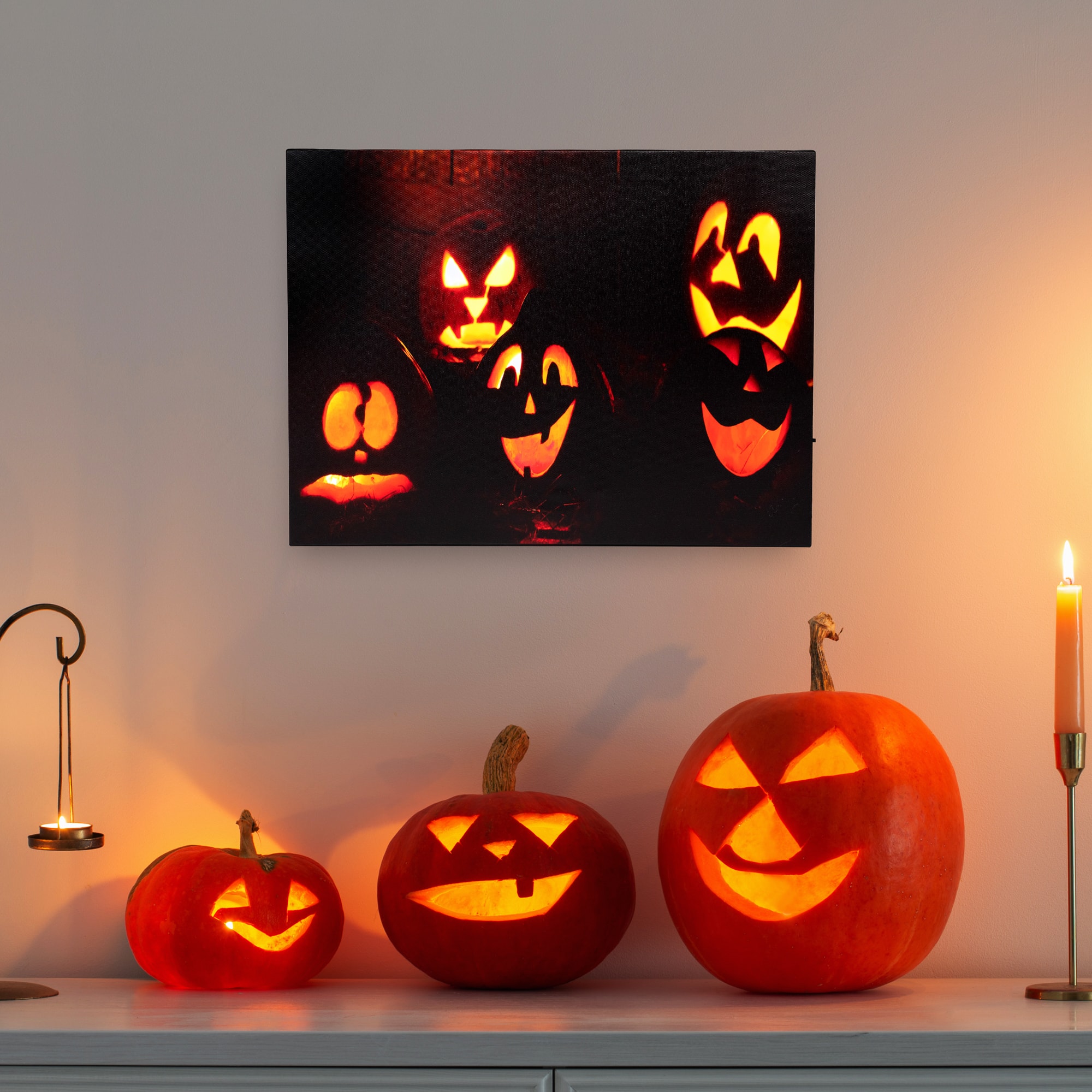 LED Lighted Silly & Spooky Jack-O-Lanterns Halloween Canvas Wall Art