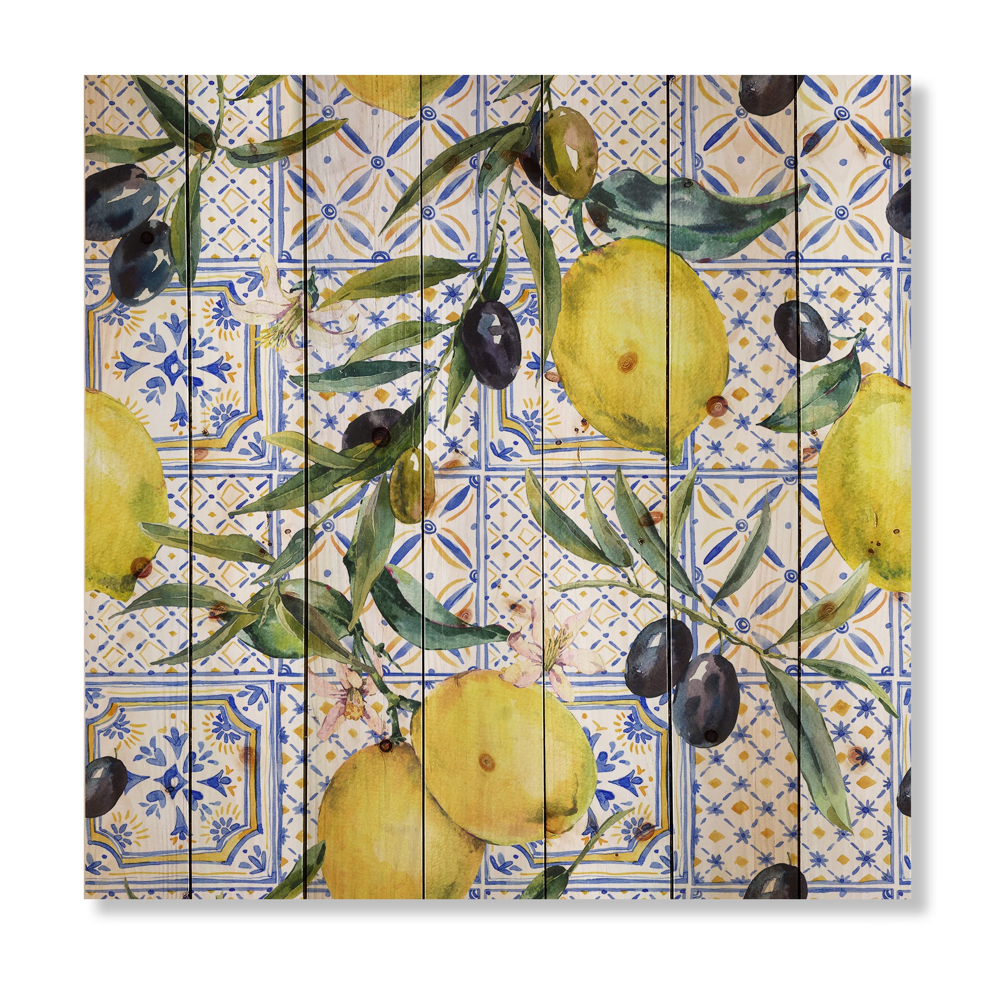 Designart - Lemon Ornament On Blue Geometrical Pattern III - Tropical Print on Natural Pine Wood