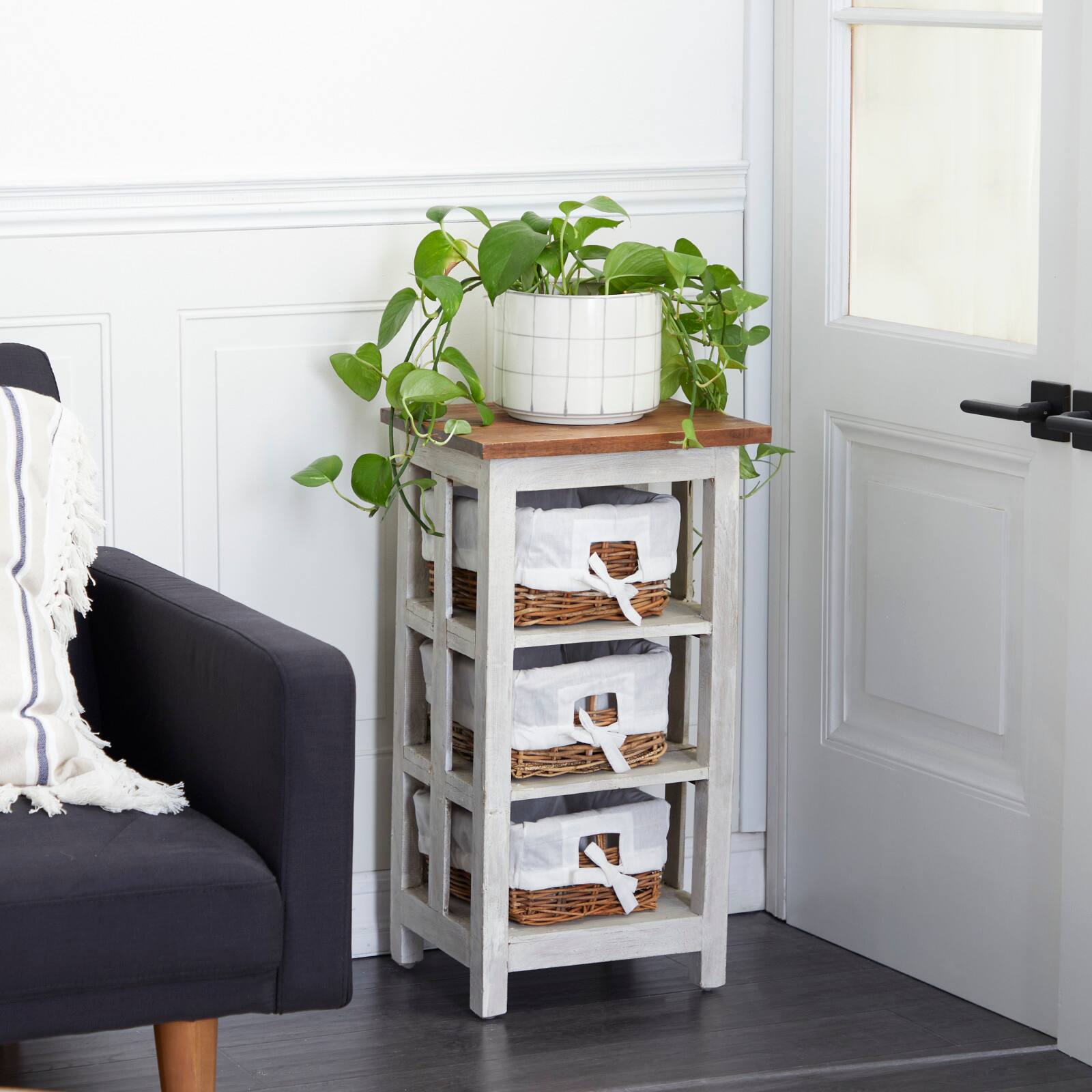 29&#x22; White Farmhouse Rattan Storage Unit