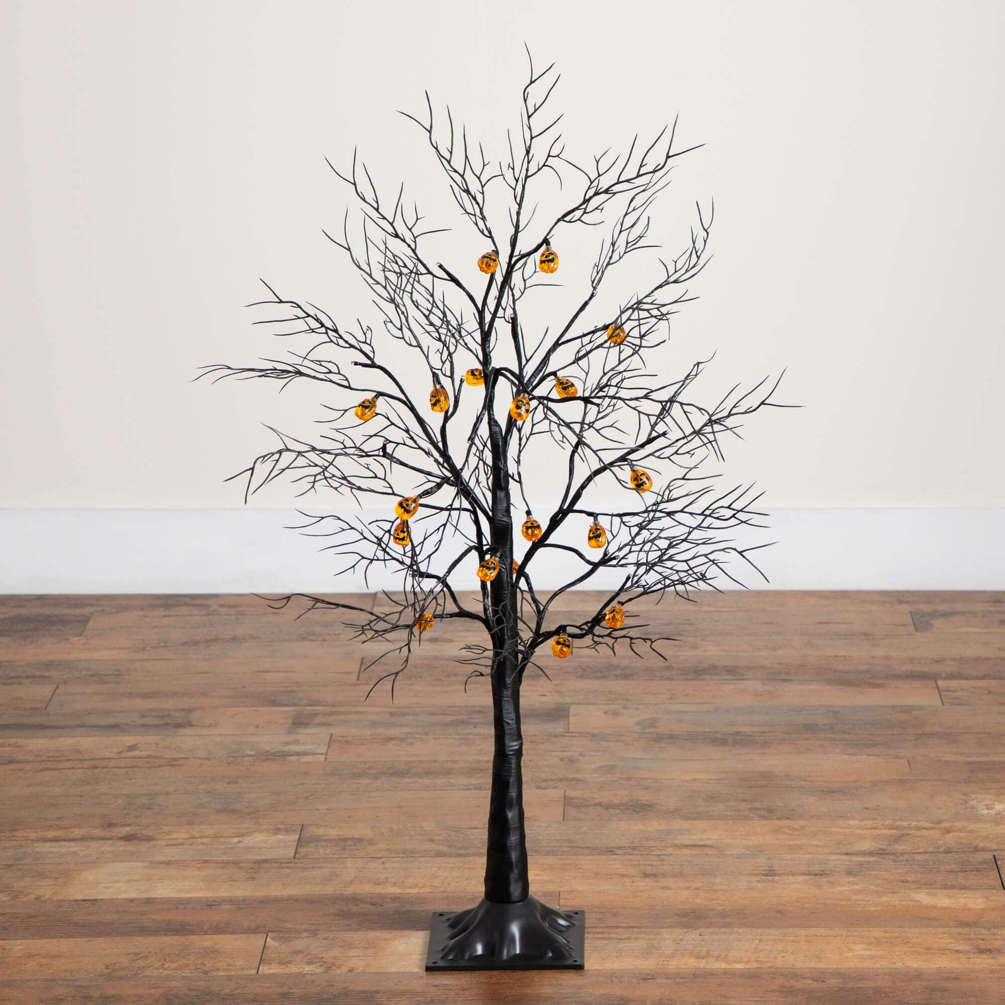 3ft. Pre-Lit Artificial Halloween Black Twig Tree with 18 Orange LED Pumpkin Shaped Lights