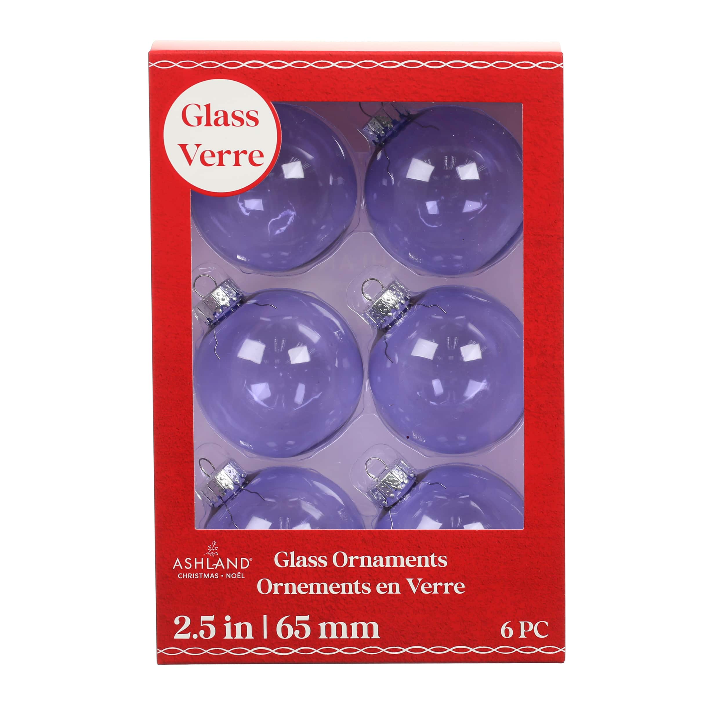 Paquet de 6 boules de Noël en verre lilas translucide de 65 mm d’Ashland