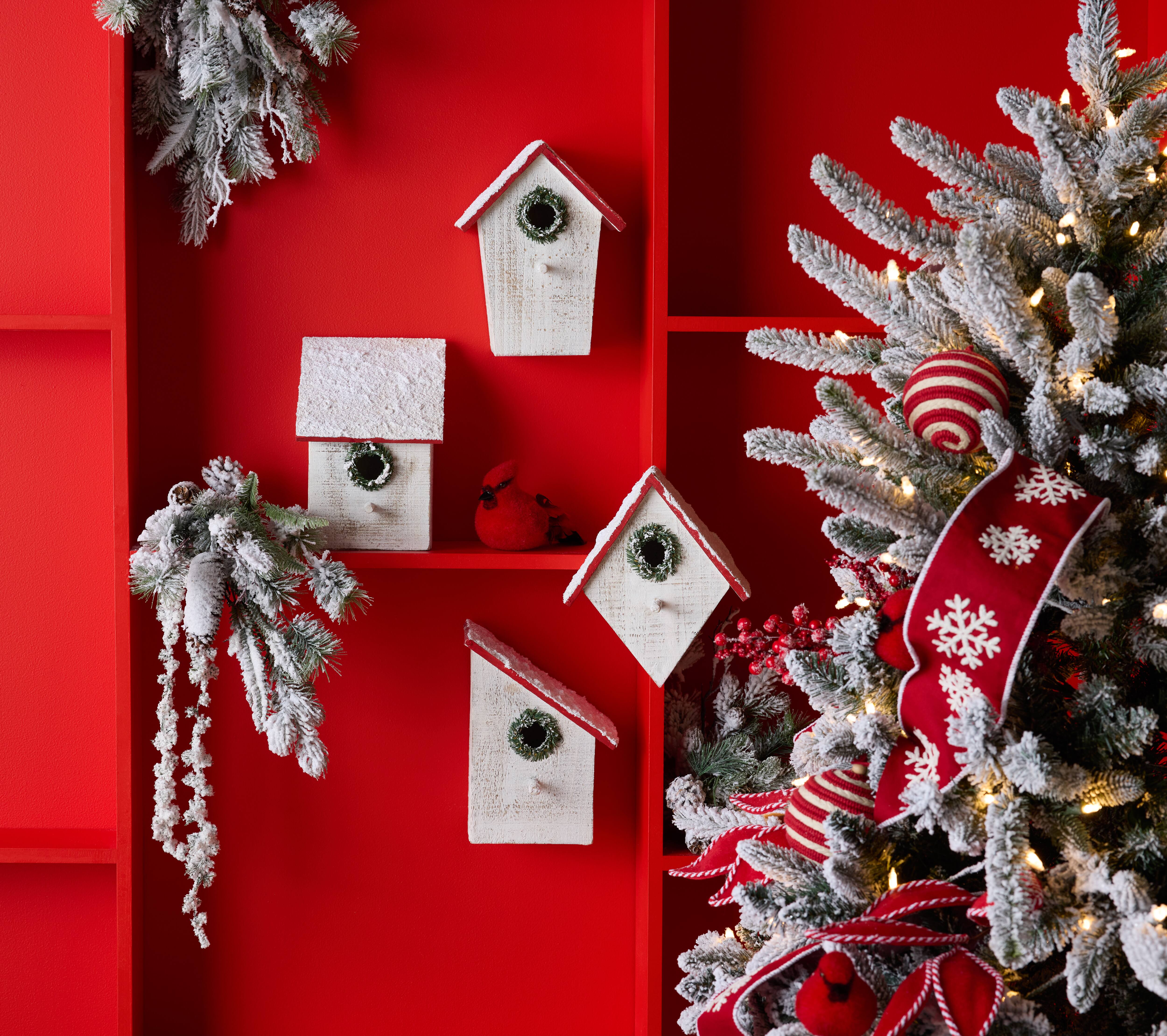 Flocked Wood Birdhouse with Wreath Accent, Set of 4