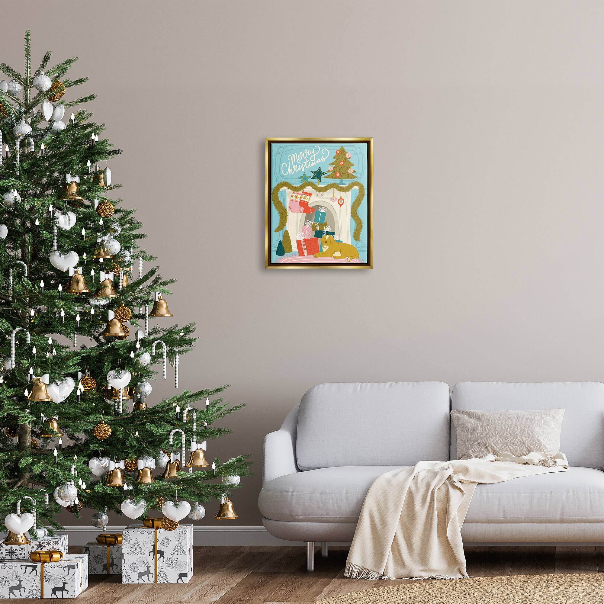 Stupell Industries Whimsical Fireplace Merry Christmas Framed Floater Canvas Wall Art