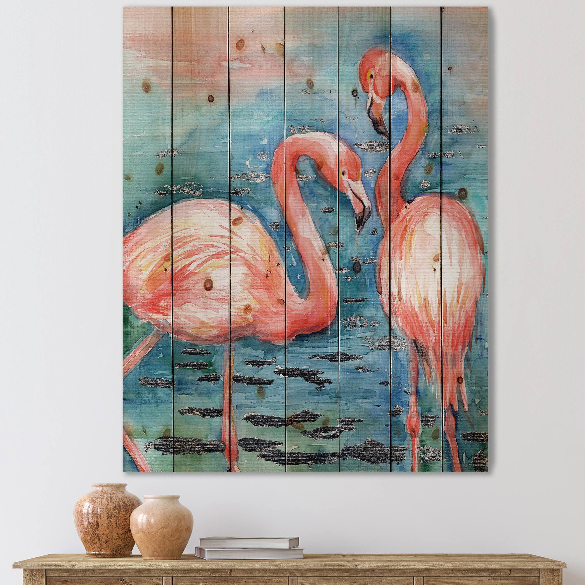 Designart - Pink Flamingos In Blue Water I - Farmhouse Print on Natural Pine Wood