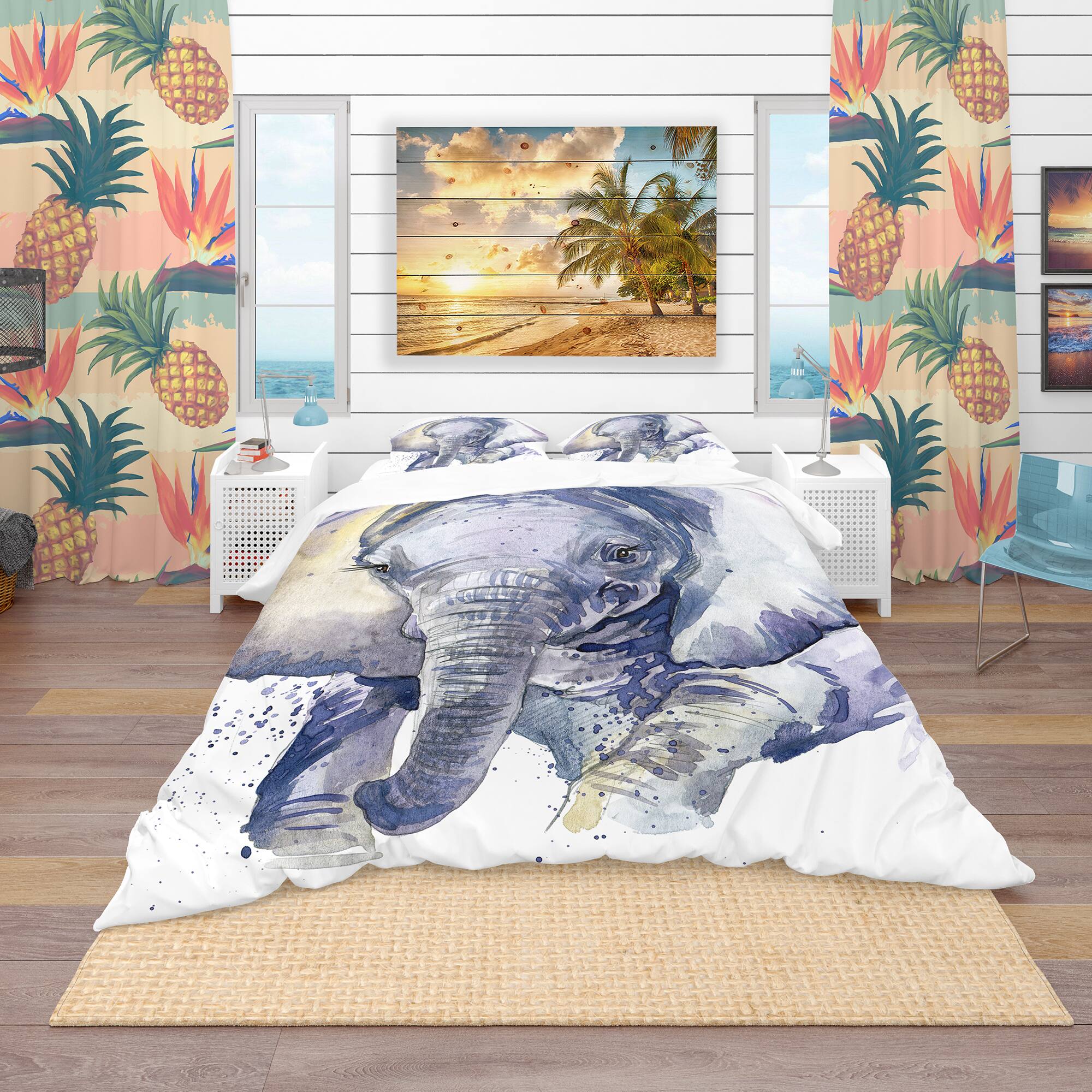 Designart &#x27;Baby Elephant Blue Watercolor&#x27; Tropical Bedding Set - Duvet Cover &#x26; Shams