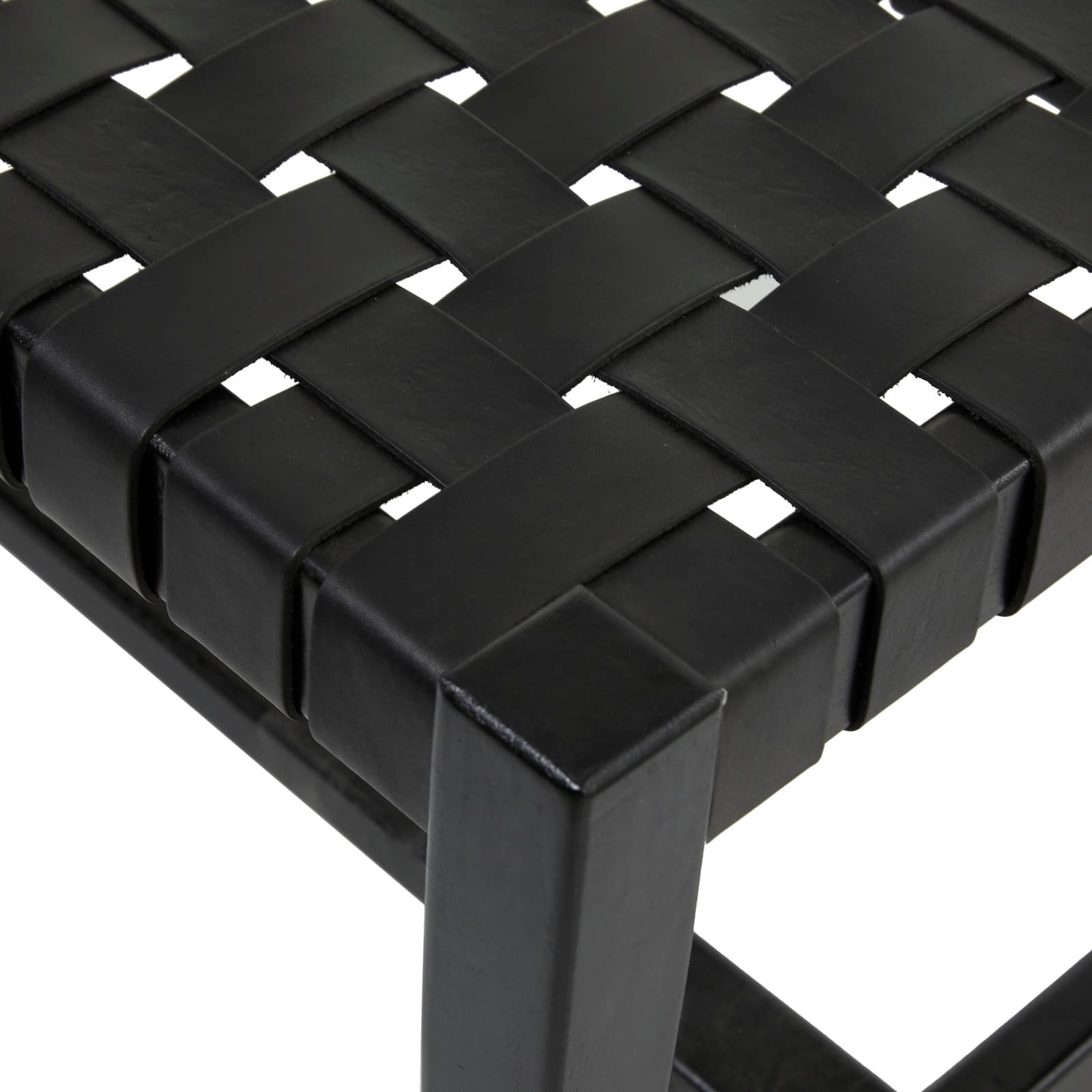 47&#x22; Black Leather Handmade Woven Seat Bench