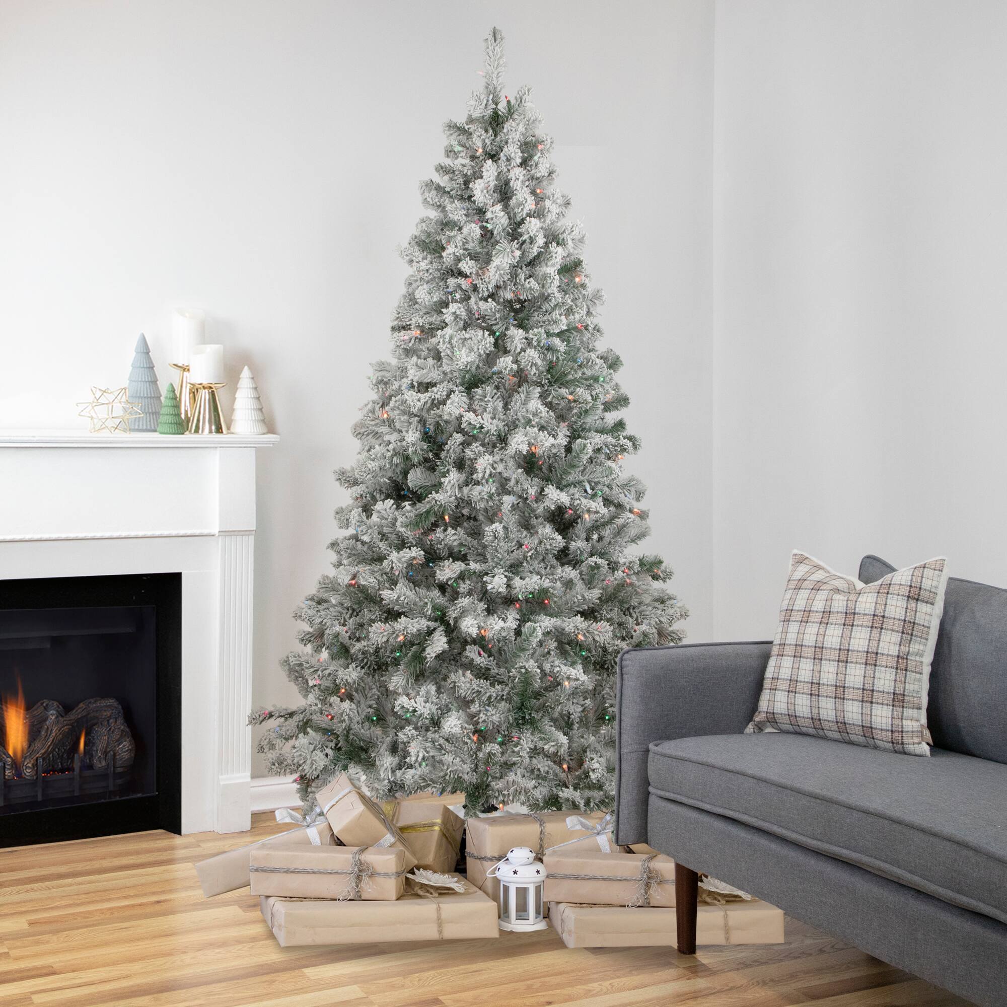 6.5ft. Pre-Lit Flocked Madison Pine Artificial Christmas Tree, Multicolor Lights