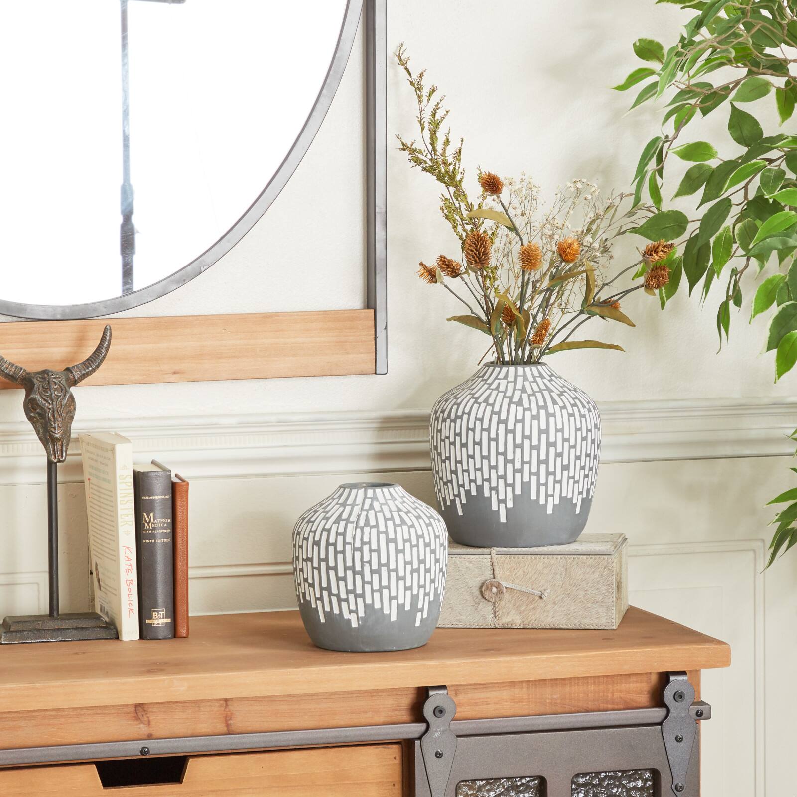 Set of 2 Grey Ceramic Modern Vases, 7" x 13" x 6"