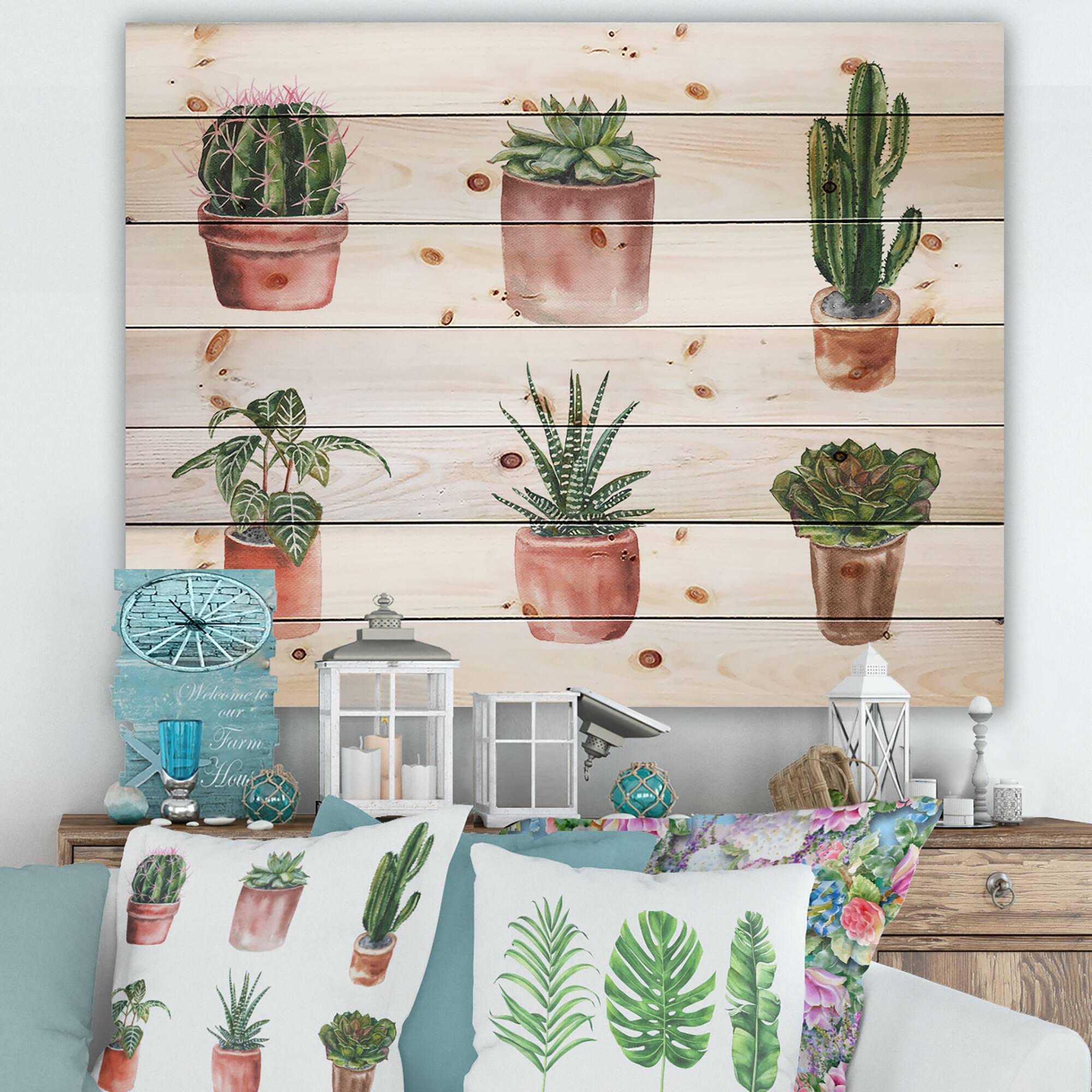 Designart - Flowers In A Pot Cacti and Succulents - Botanical Print on Natural Pine Wood