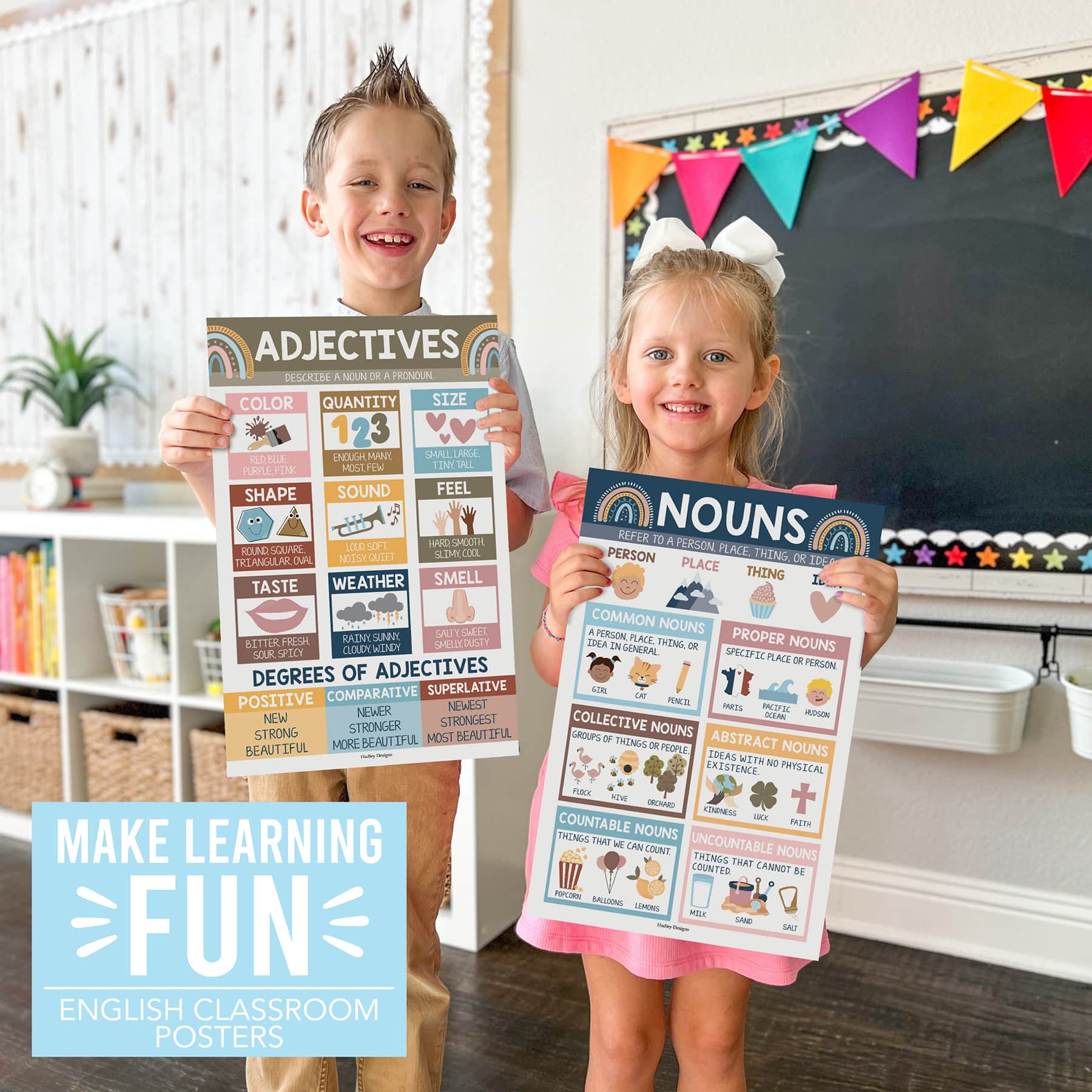 Hadley Designs 11" x 17" Boho Parts of Speech Language Arts and Grammar Laminated Posters Set