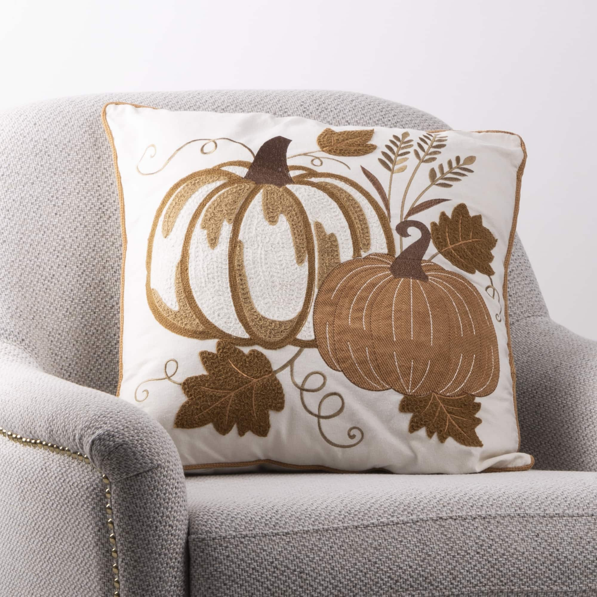 Glitzhome&#xAE; Cotton Embroidered Pumpkin Pillow Cover