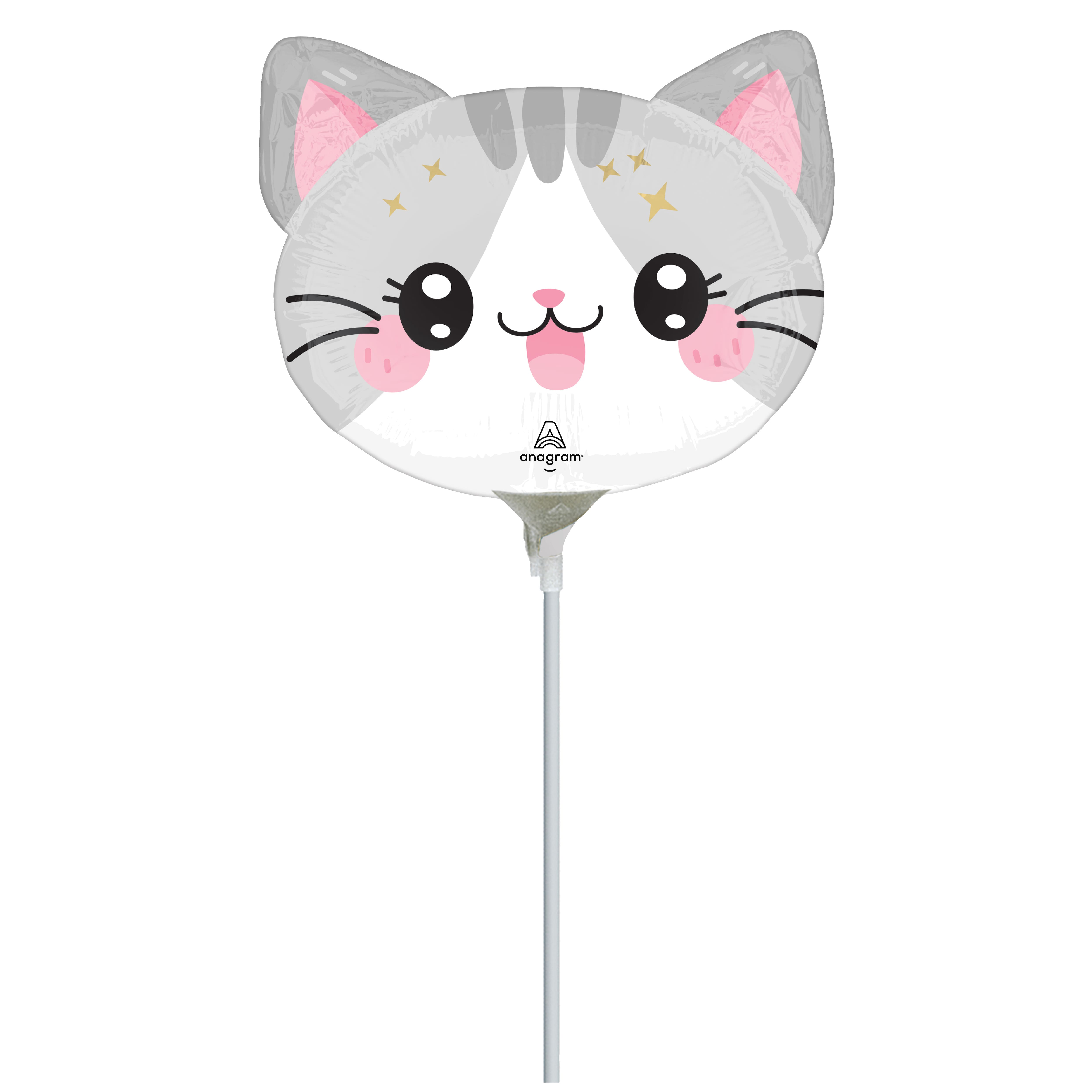 14&#x22; Pink &#x26; White Kawaii Kitty Foil Stick Balloon