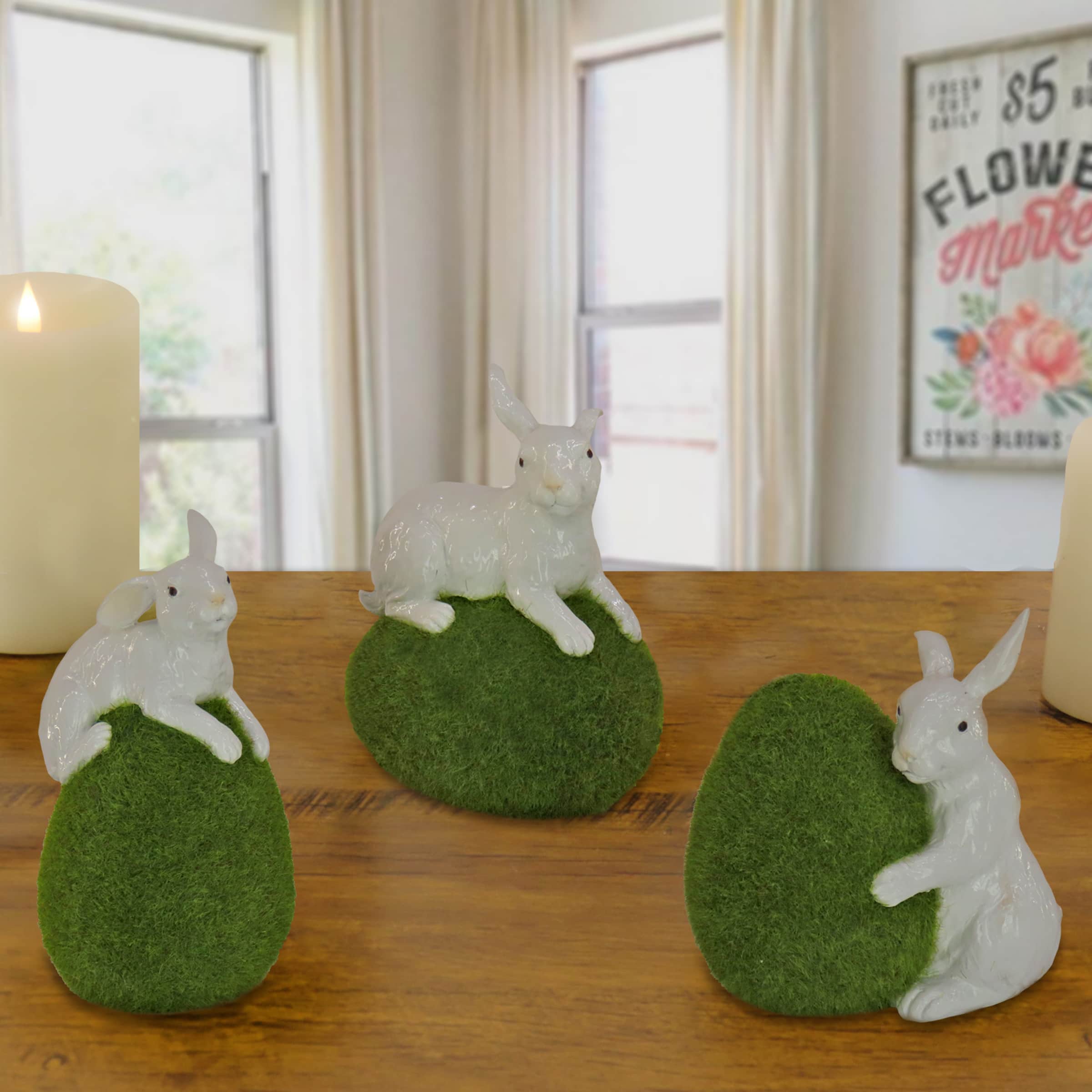 7" White Bunny with Green Moss Egg Décor Set