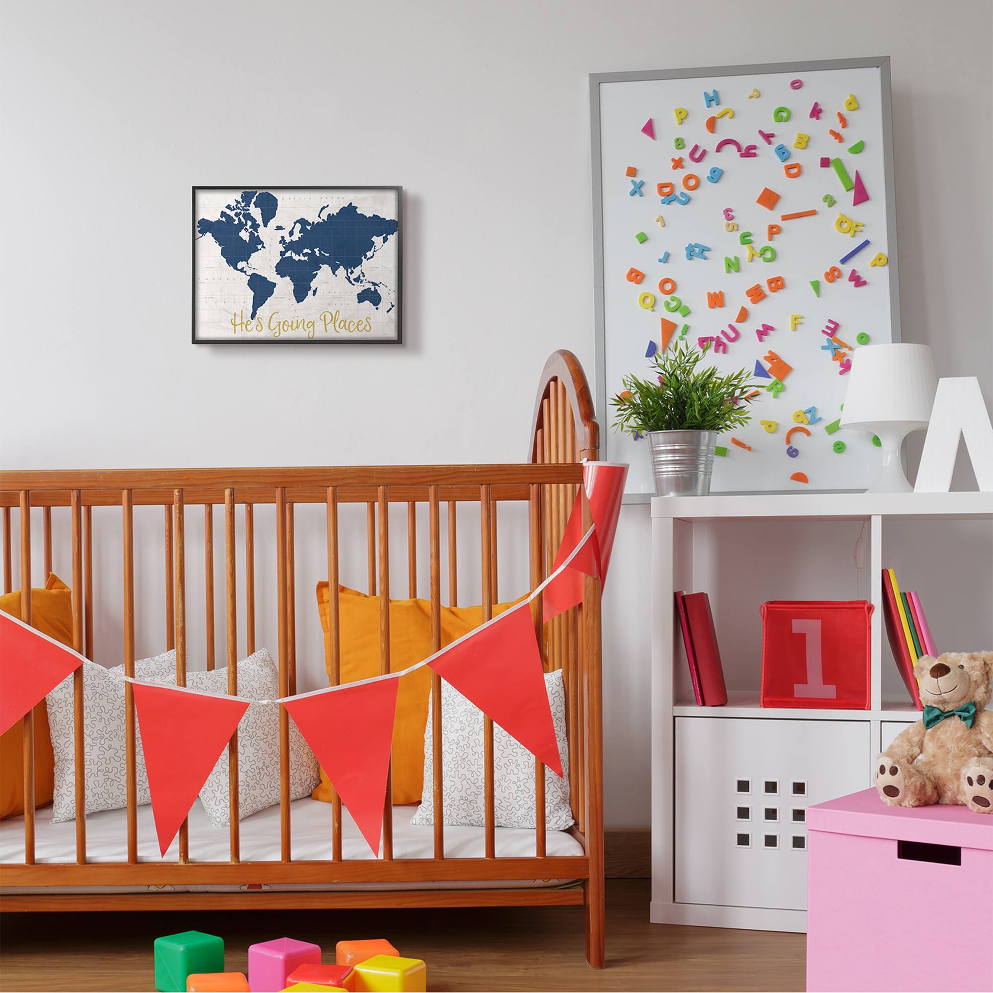 Stupell Industries He's Going Places Blue World Map Black Framed Wall Art