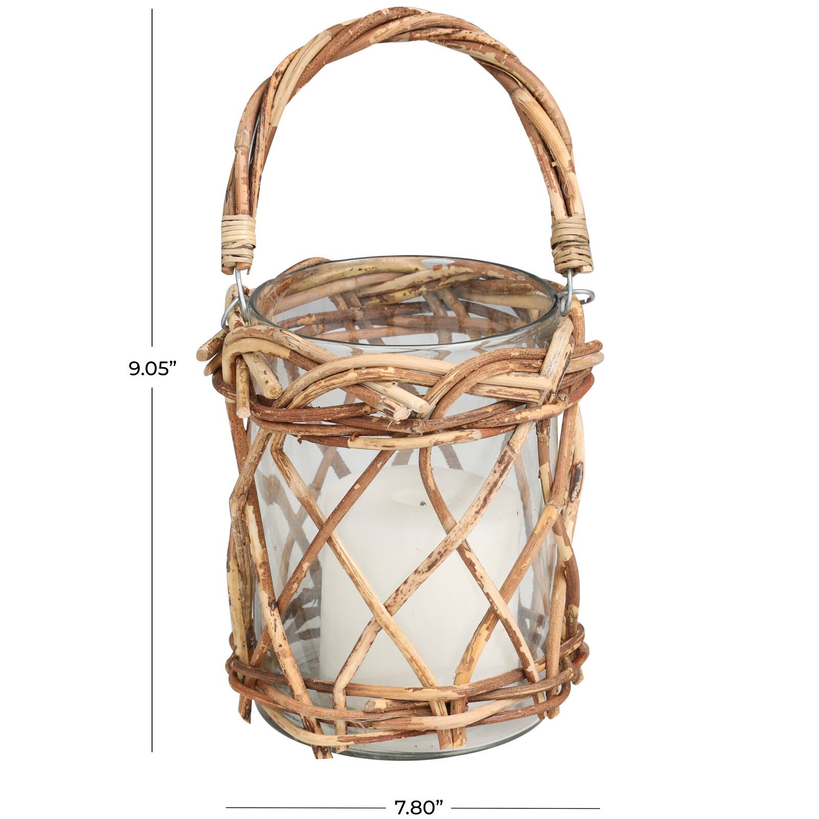 9&#x22; Clear Glass Handmade Candle Lantern with Brown Rattan Woven Exterior &#x26; Twisted Handle
